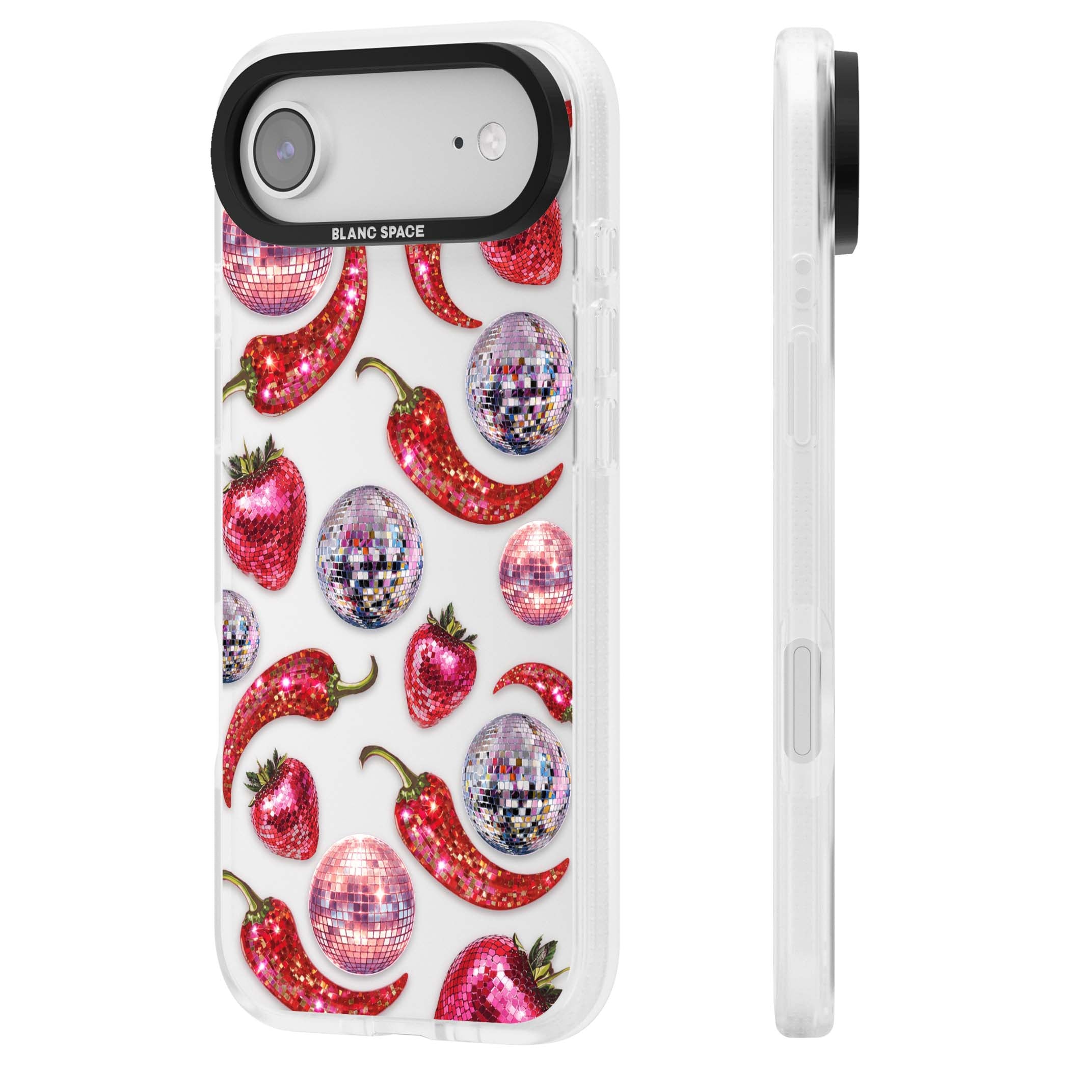 Spicy Disco Y2K iPhone case featuring glitter disco balls, sparkly strawberries and red chilli peppers | Clear Case Impact Air case for iPhone Air