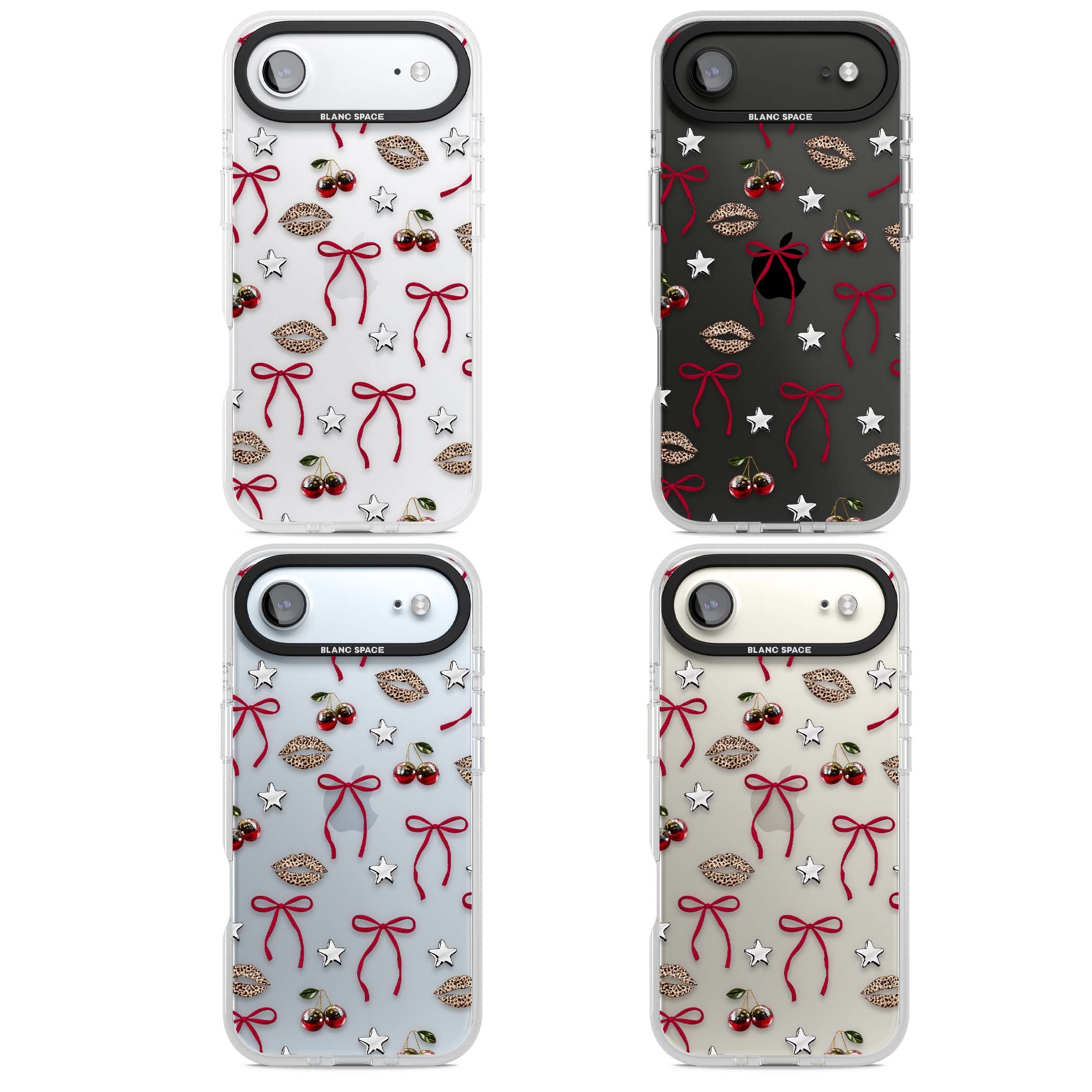 Starlet coquette iPhone case featuring red ribbon bows, disco cherries and leopard-print lips | Clear Case Impact Air case for iPhone Air