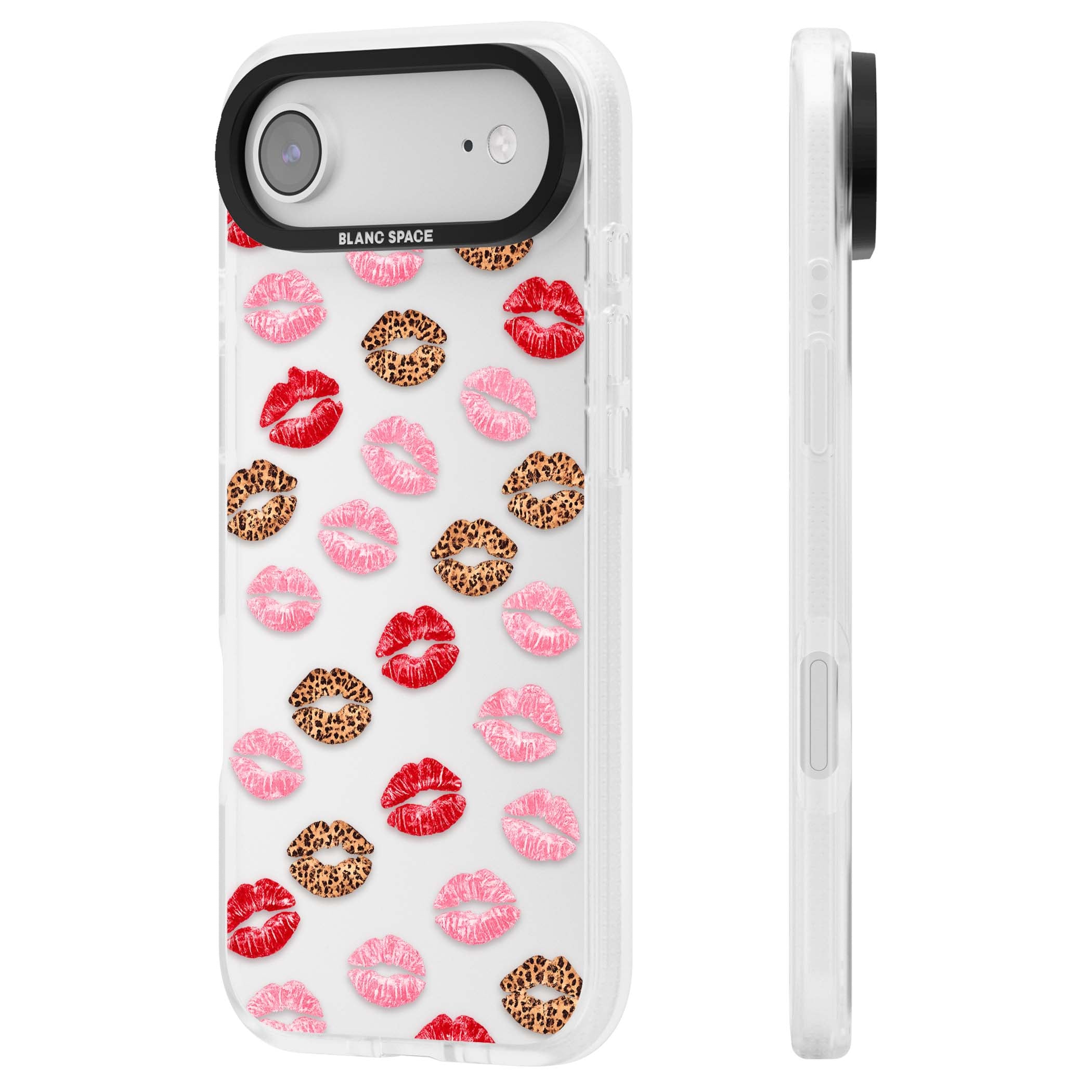 Wild Kisses coquette iPhone case featuring red, pink and leopard print lipstick kiss marks on a clear background | Clear Case Impact Air case for iPhone Air
