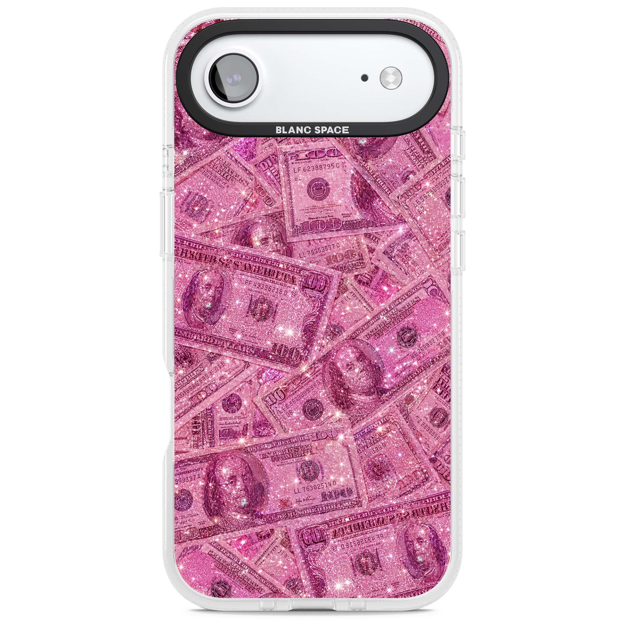 Glamorous baddie iPhone case featuring pink glitter hundred dollar bills and sparkling money wallpaper design | Clear Case Impact Air case for iPhone Air