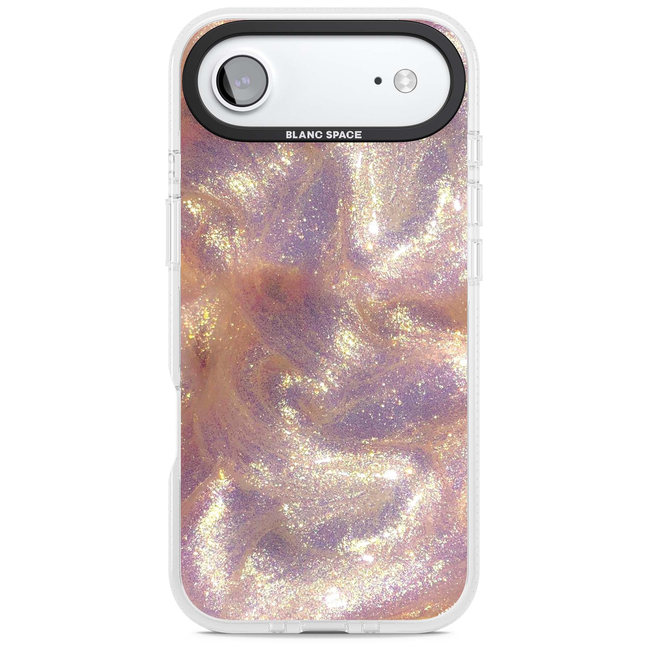 Shimmer marble iPhone case featuring rose gold glitter swirls, lilac shimmer and iridescent pearl finish | Clear Case Impact Air case for iPhone Air