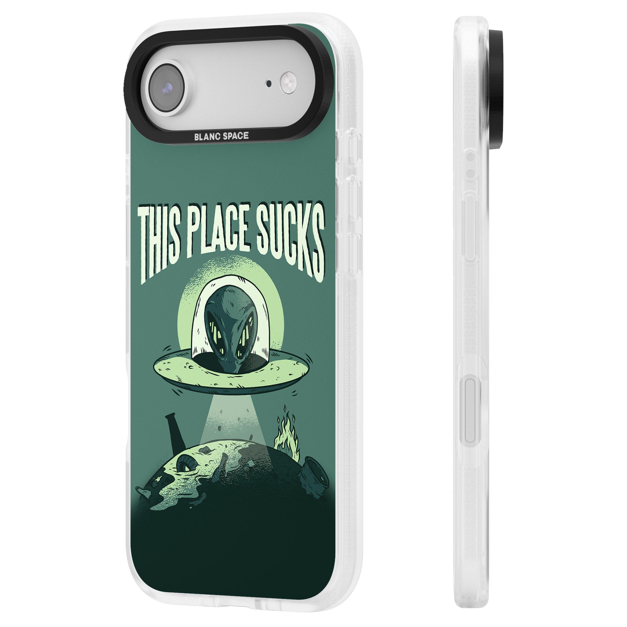 Earth Sucks iPhone 17 Air Impact Air Clear Phone Case Side Profile