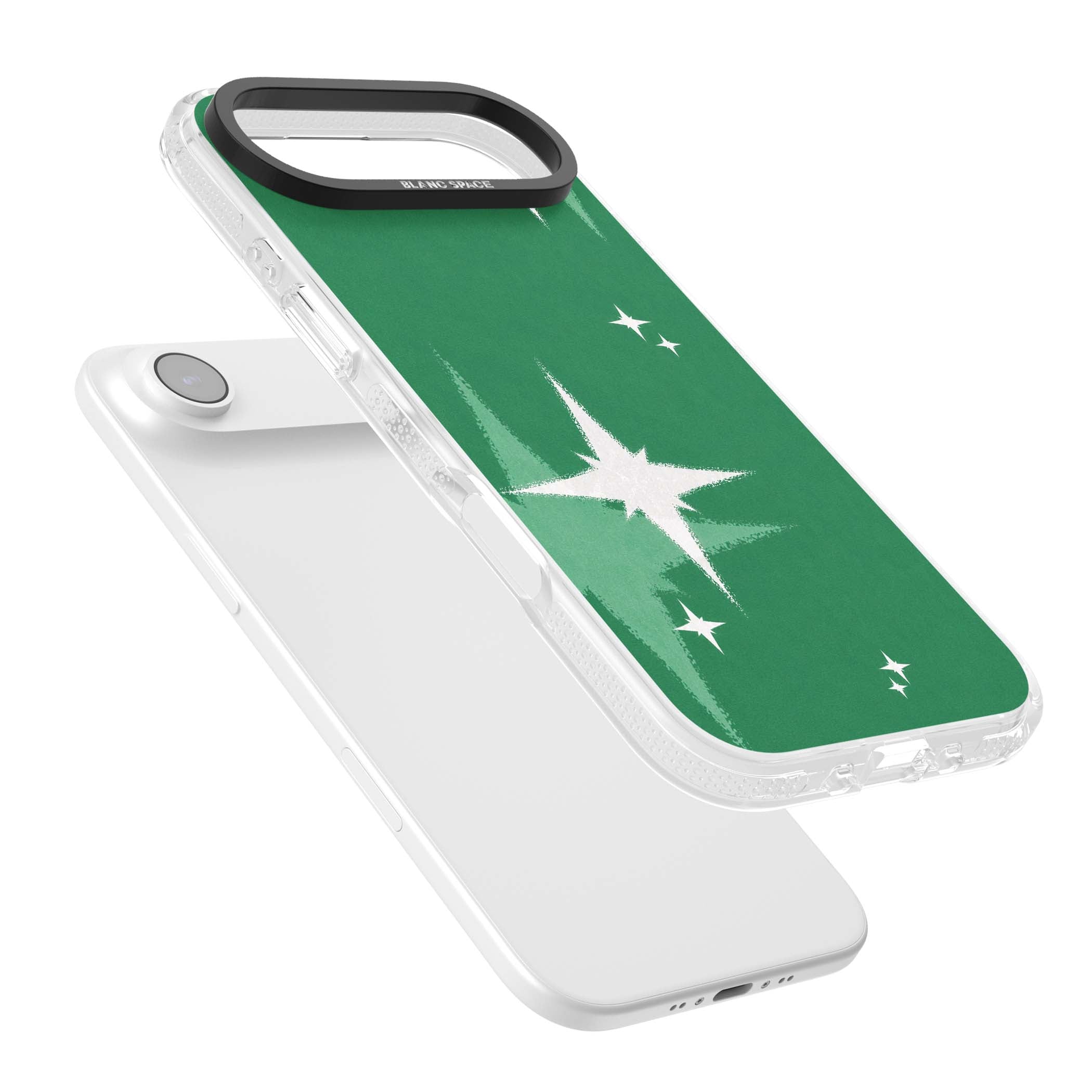 Green Sparkle celestial iPhone case featuring sparkling white four-point stars on a deep green background | Clear Case Impact Air case for iPhone Air