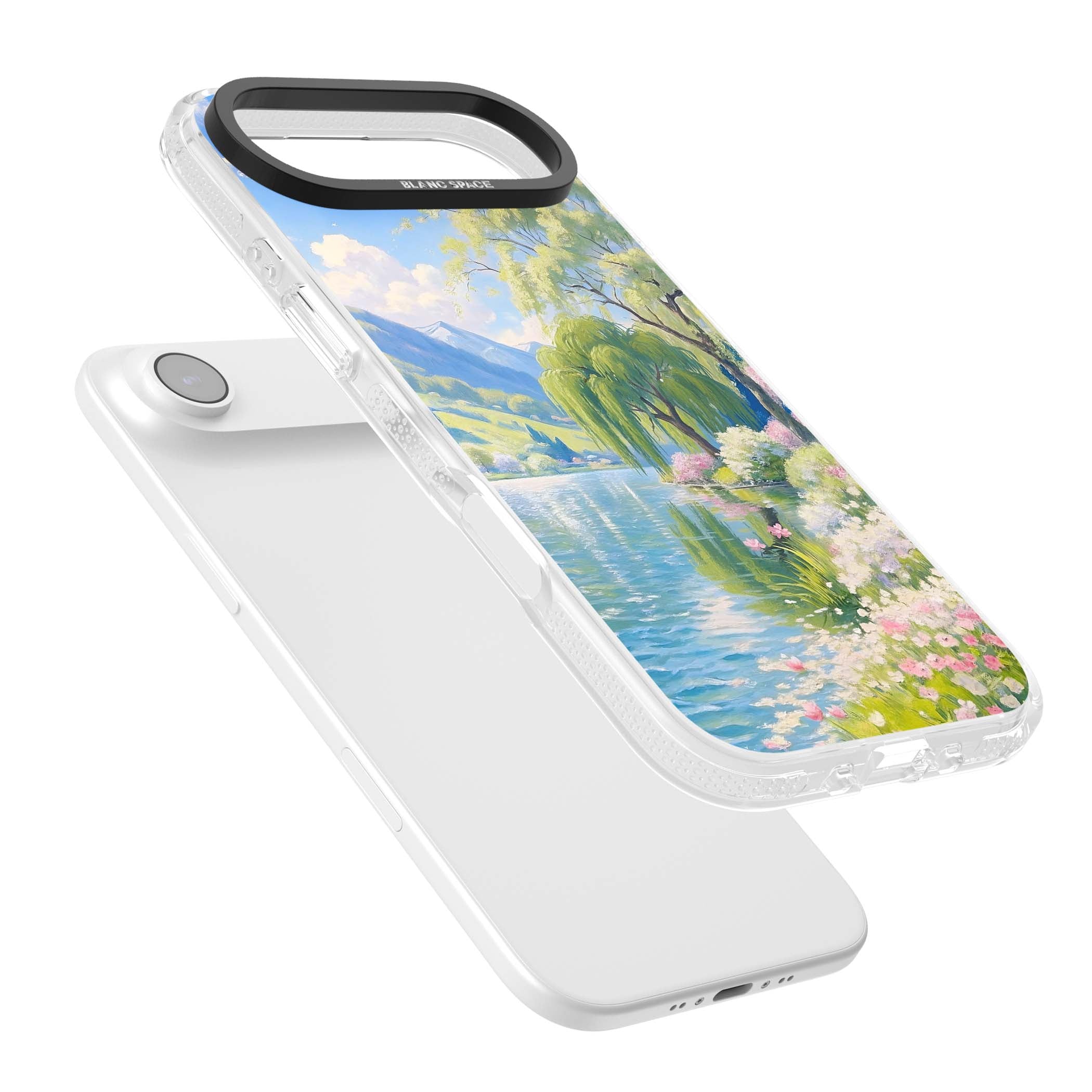Willow Lake cottagecore iPhone case featuring a painted lakeside with weeping willow, blossoms and distant mountains | Clear Case Impact Air case for iPhone Air