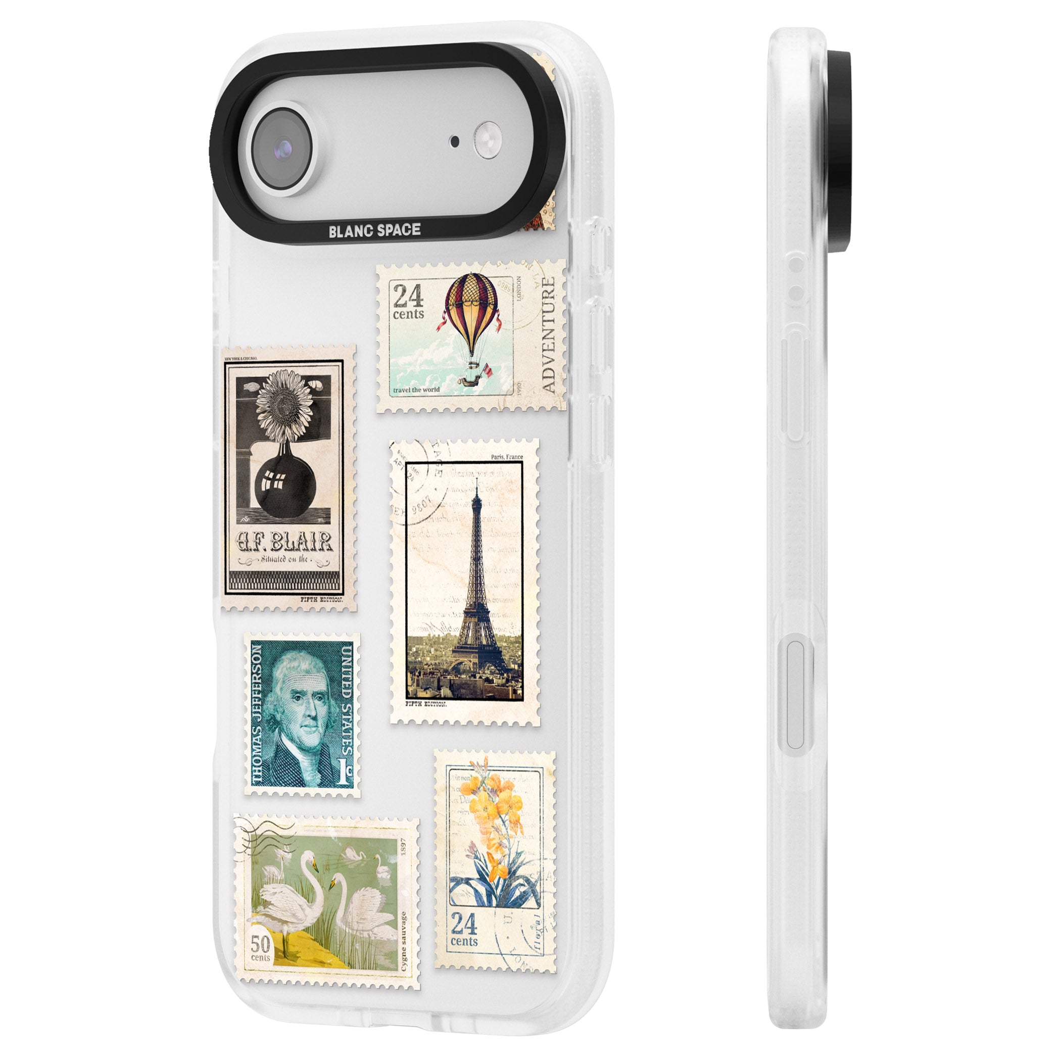 Vintage Stamps iPhone 17 Air Impact Air Clear Phone Case Side Profile