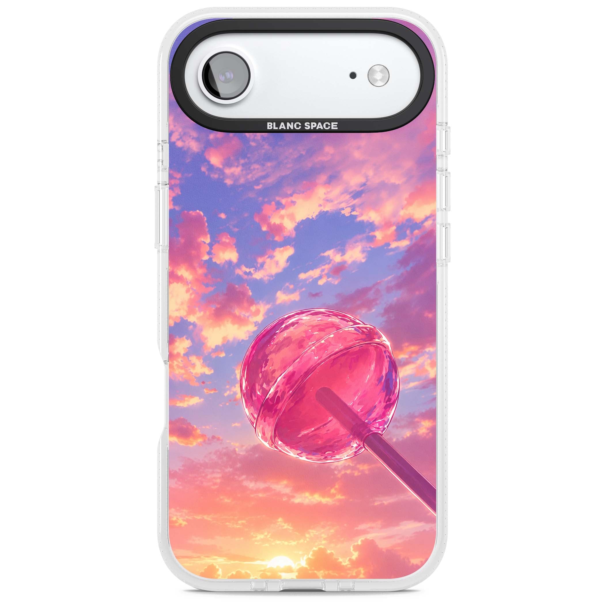 Sugar Sunset candy aesthetic iPhone case featuring a pink lollipop, pastel sunset sky and dreamy clouds | Clear Case Impact Air case for iPhone Air