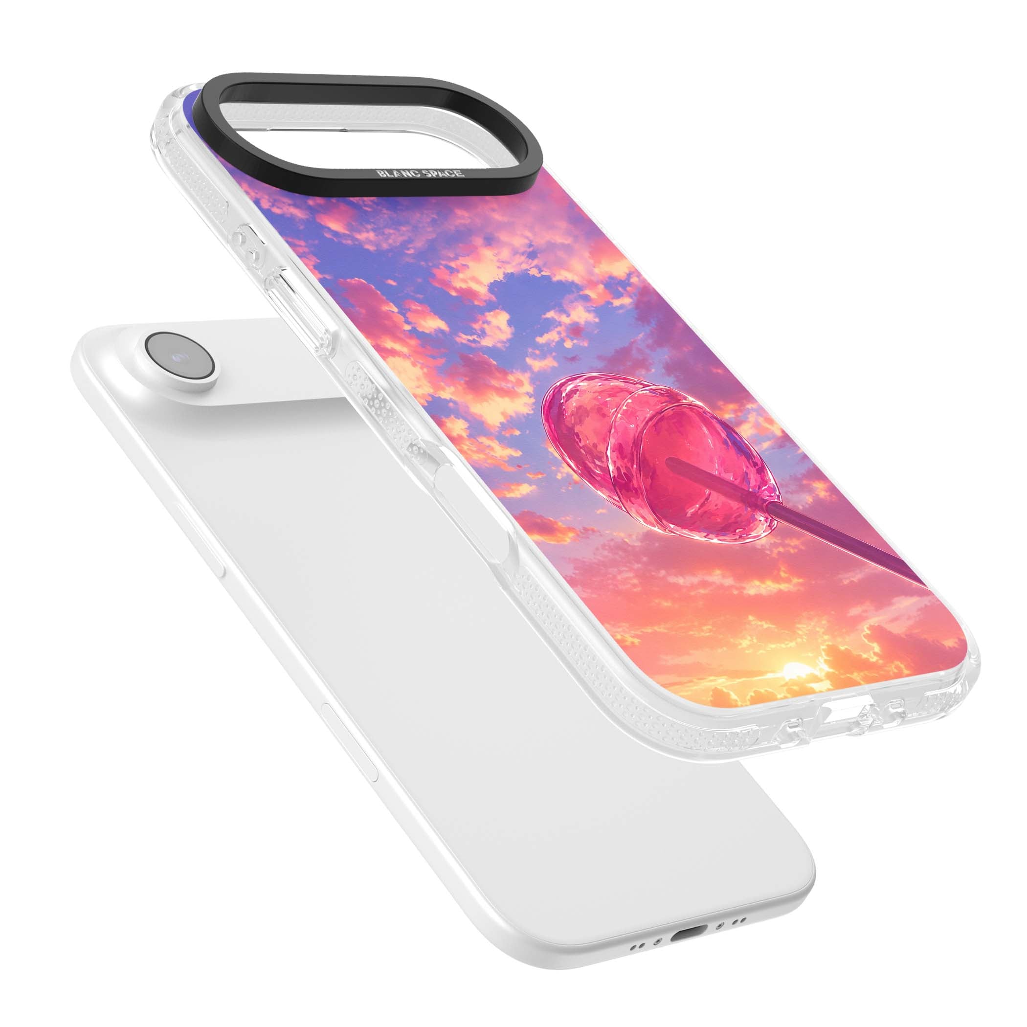 Sugar Sunset candy aesthetic iPhone case featuring a pink lollipop, pastel sunset sky and dreamy clouds | Clear Case Impact Air case for iPhone Air