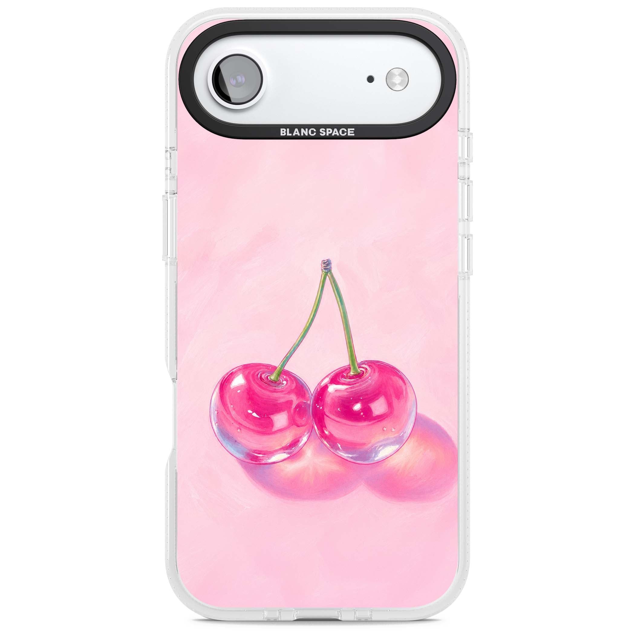 Pink Glass Cherry coquette iPhone case featuring two glossy painted cherries on a soft pink background | Clear Case Impact Air case for iPhone Air