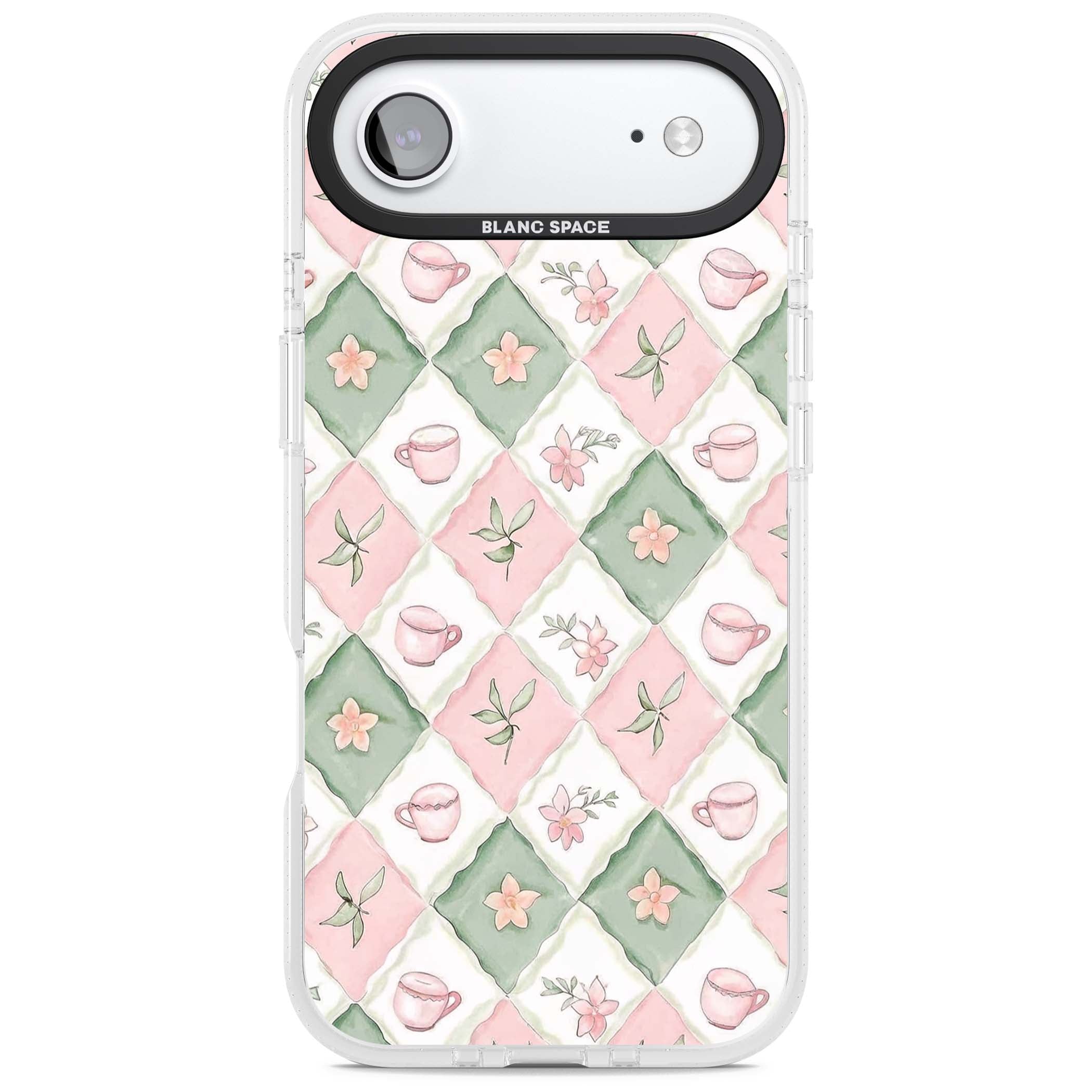 Garden Tea Party coquette iPhone case with pink and green checkered pattern, watercolour teacups and wildflowers | Clear Case Impact Air case for iPhone Air