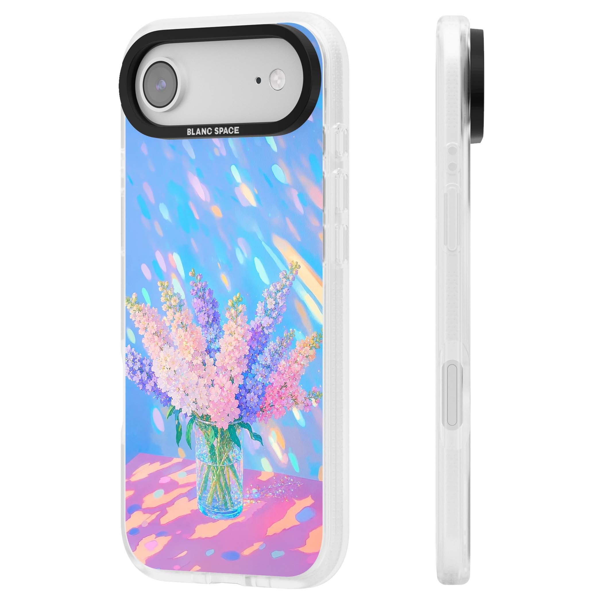 Bubblegum Flowers floral iPhone case featuring pastel lilac and pink bouquet in a glass vase with iridescent light | Clear Case Impact Air case for iPhone Air