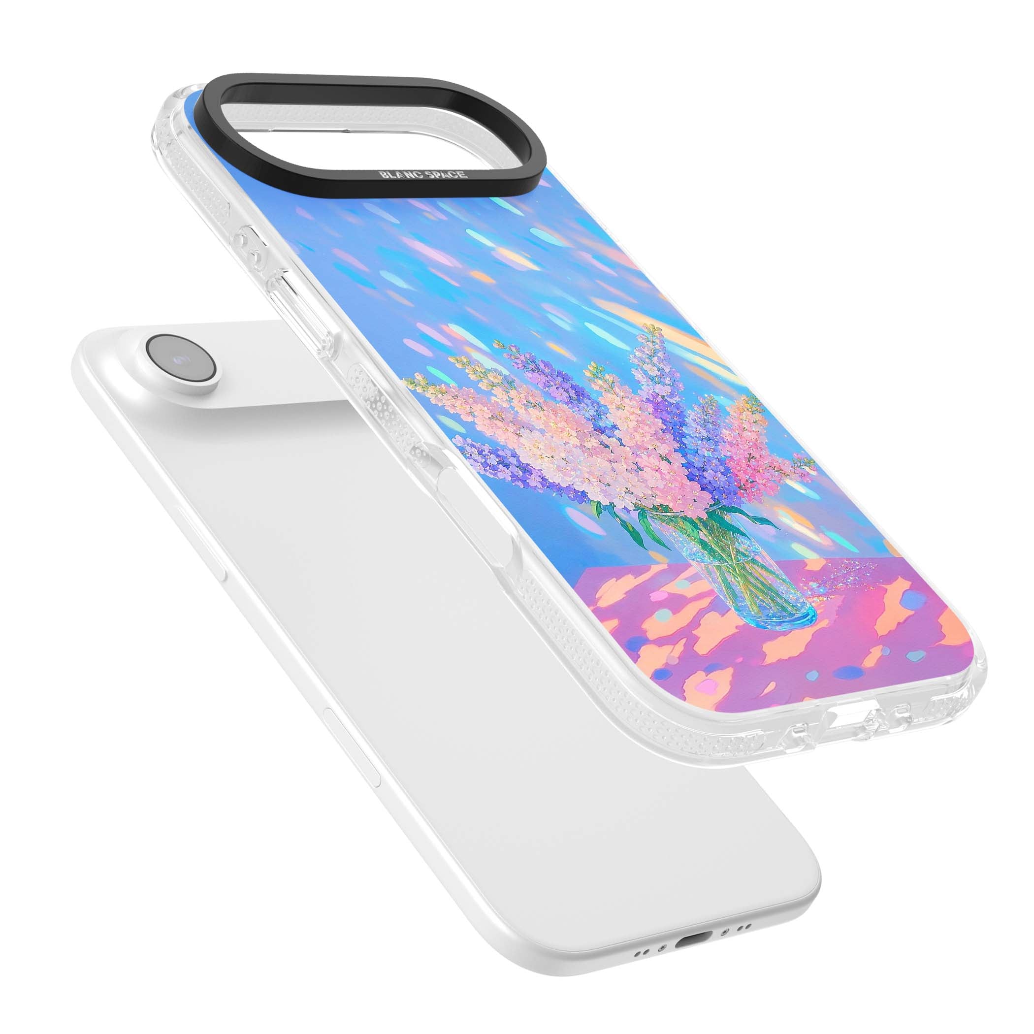 Bubblegum Flowers floral iPhone case featuring pastel lilac and pink bouquet in a glass vase with iridescent light | Clear Case Impact Air case for iPhone Air