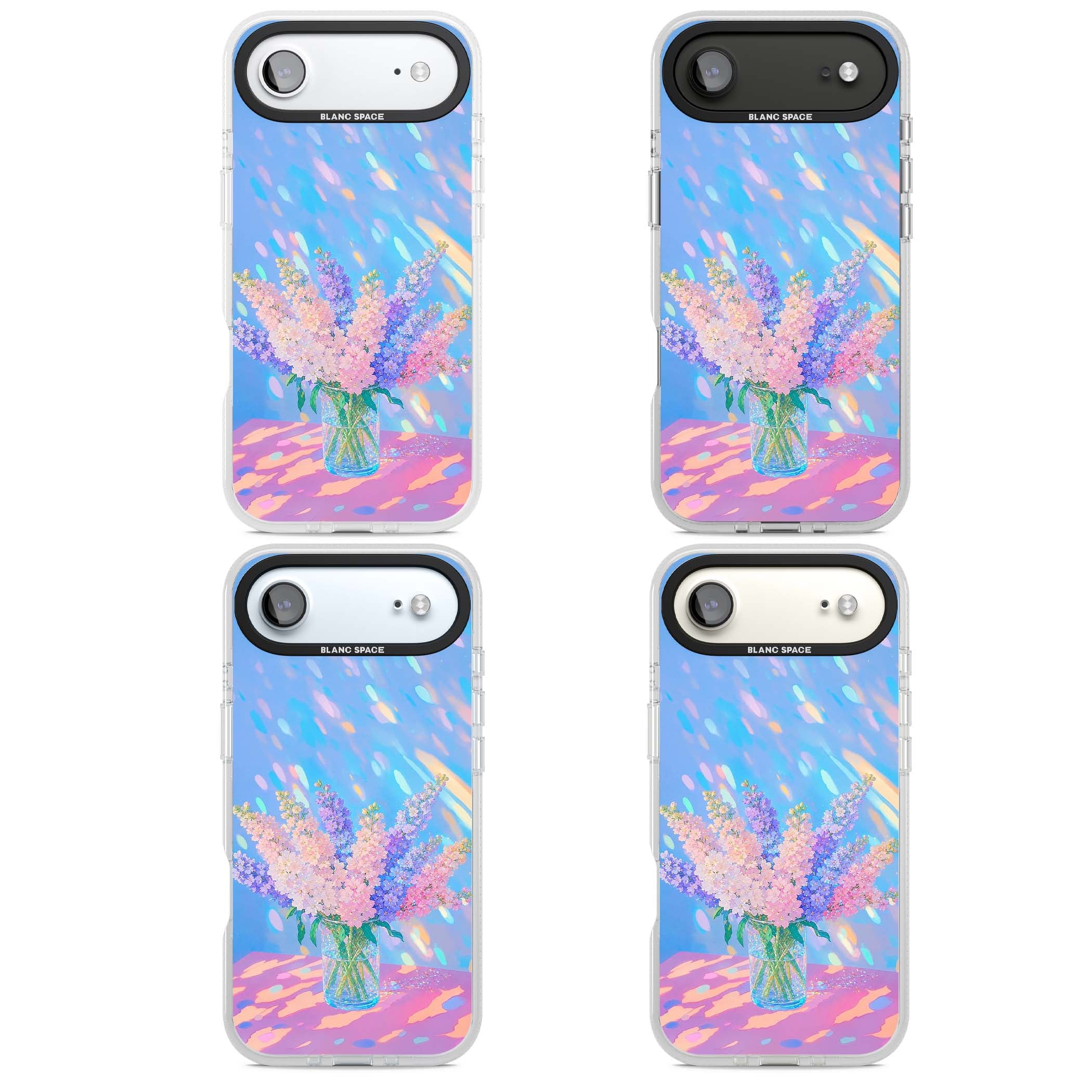 Bubblegum Flowers floral iPhone case featuring pastel lilac and pink bouquet in a glass vase with iridescent light | Clear Case Impact Air case for iPhone Air