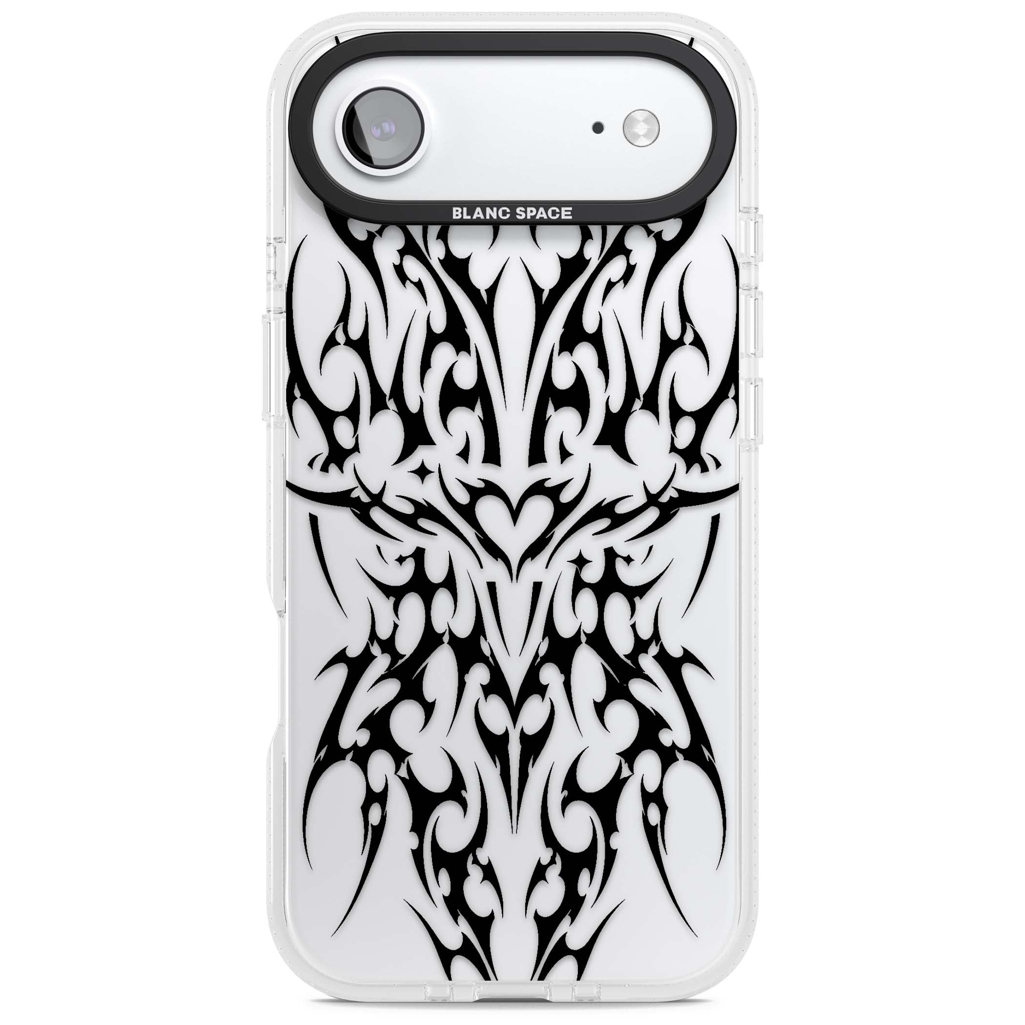 Neo Tribal Heart gothic iPhone case featuring symmetrical black tribal tattoo art with sharp thorn-like linework | Clear Case Impact Air case for iPhone Air