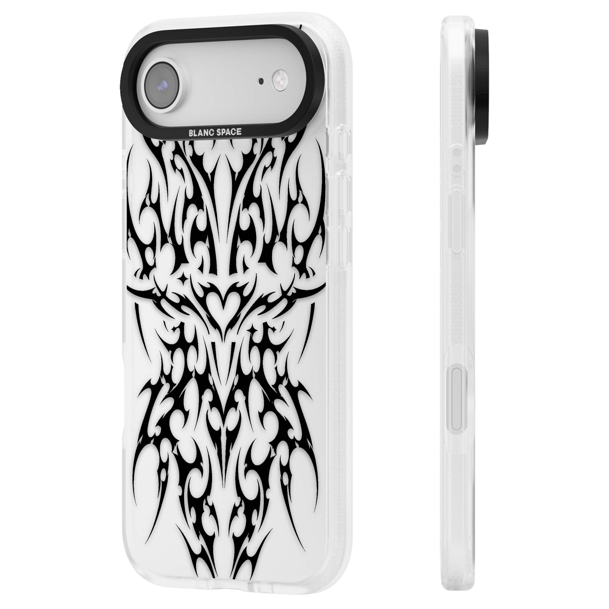 Neo Tribal Heart gothic iPhone case featuring symmetrical black tribal tattoo art with sharp thorn-like linework | Clear Case Impact Air case for iPhone Air