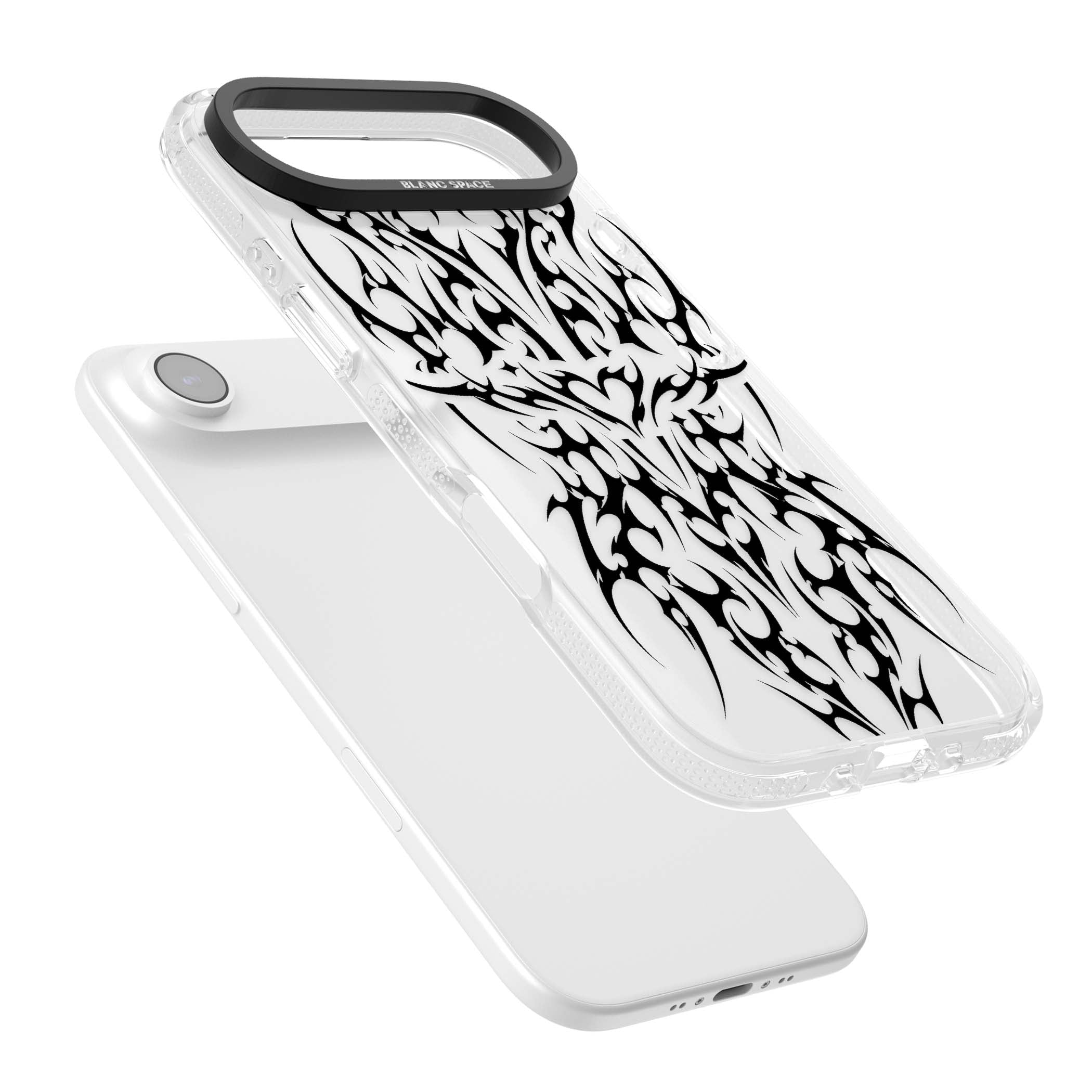 Neo Tribal Heart gothic iPhone case featuring symmetrical black tribal tattoo art with sharp thorn-like linework | Clear Case Impact Air case for iPhone Air