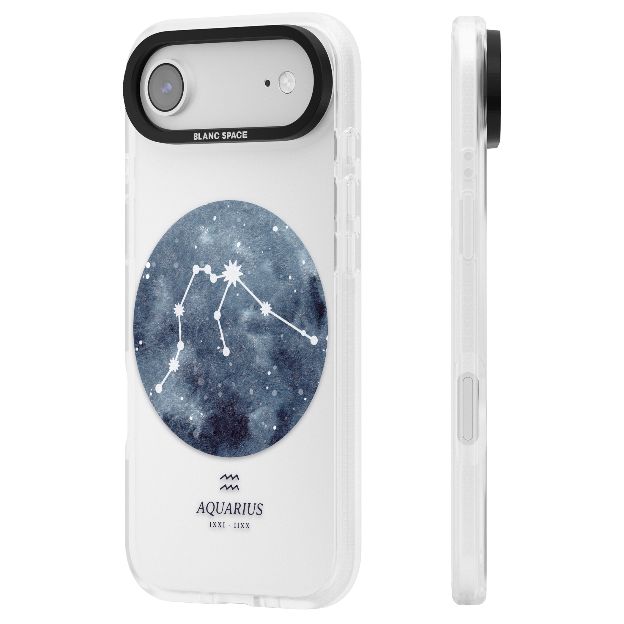 Aquarius Zodiac Blue iPhone 17 Air Impact Air Clear Phone Case Side Profile