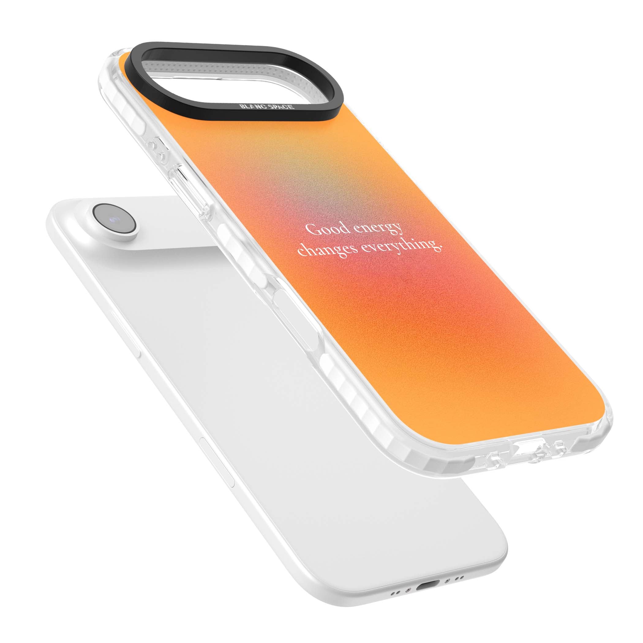 Good Energy quote iPhone case featuring an orange and pink aura gradient with white serif affirmation text | Black Impact case for iPhone Air