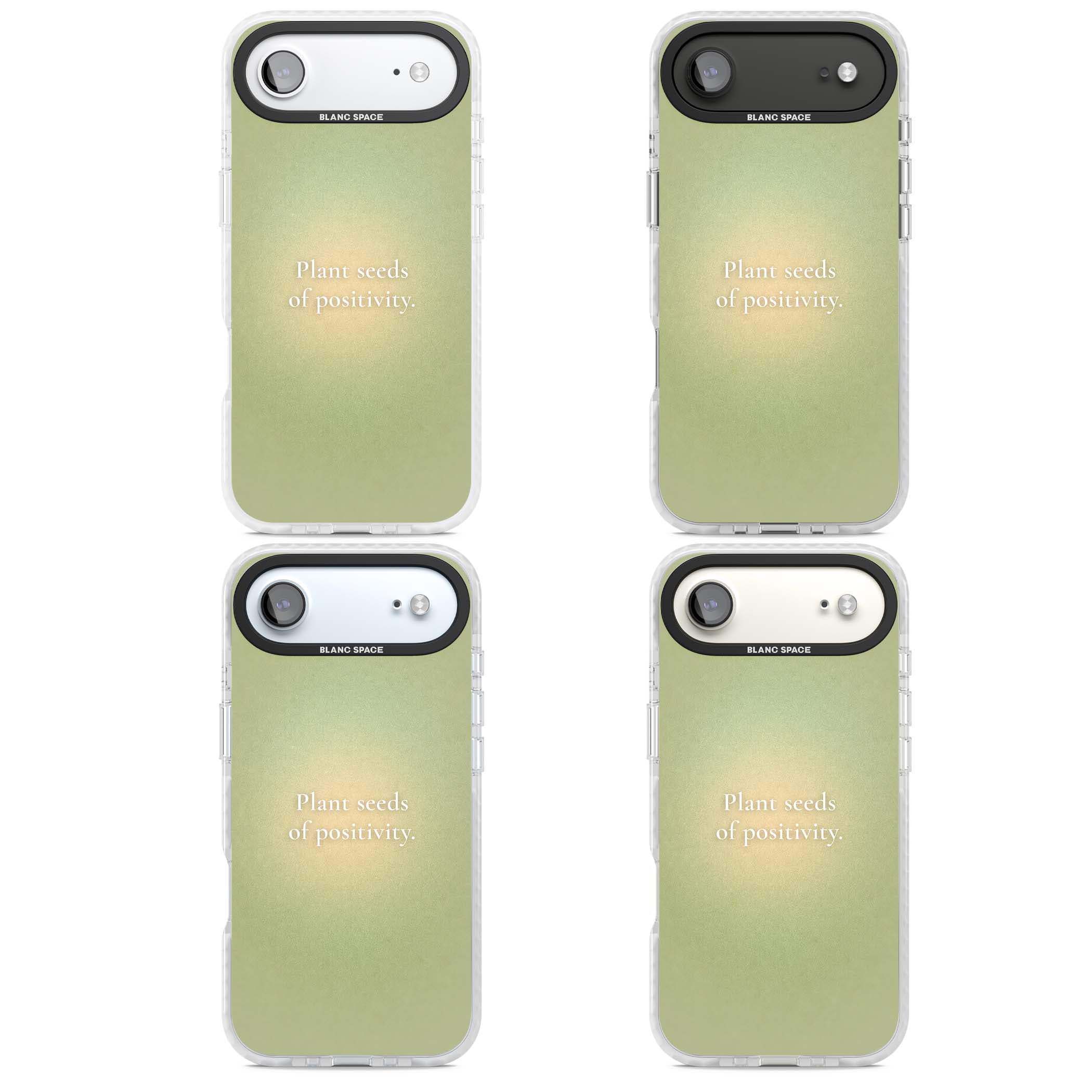 Seeds of Positivity quote iPhone case featuring a sage green aura gradient and golden glow affirmation | Black Impact case for iPhone Air