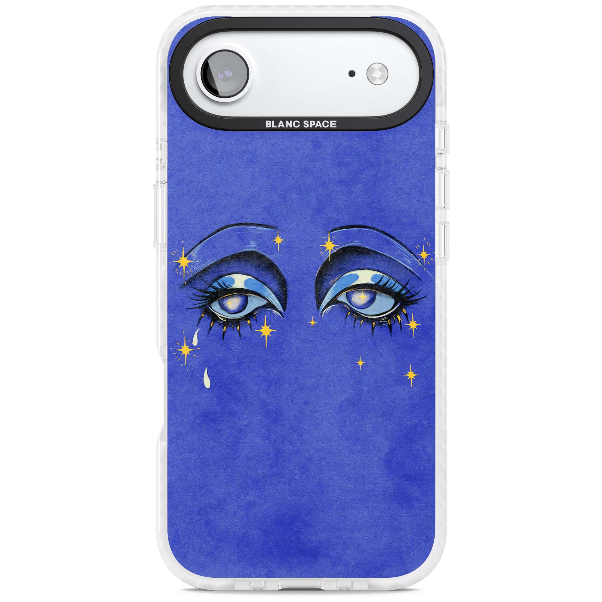Blue Mystic Eyes celestial iPhone case featuring hand drawn blue mystical eyes, golden stars and a painted tear on indigo | Black Impact case for iPhone Air