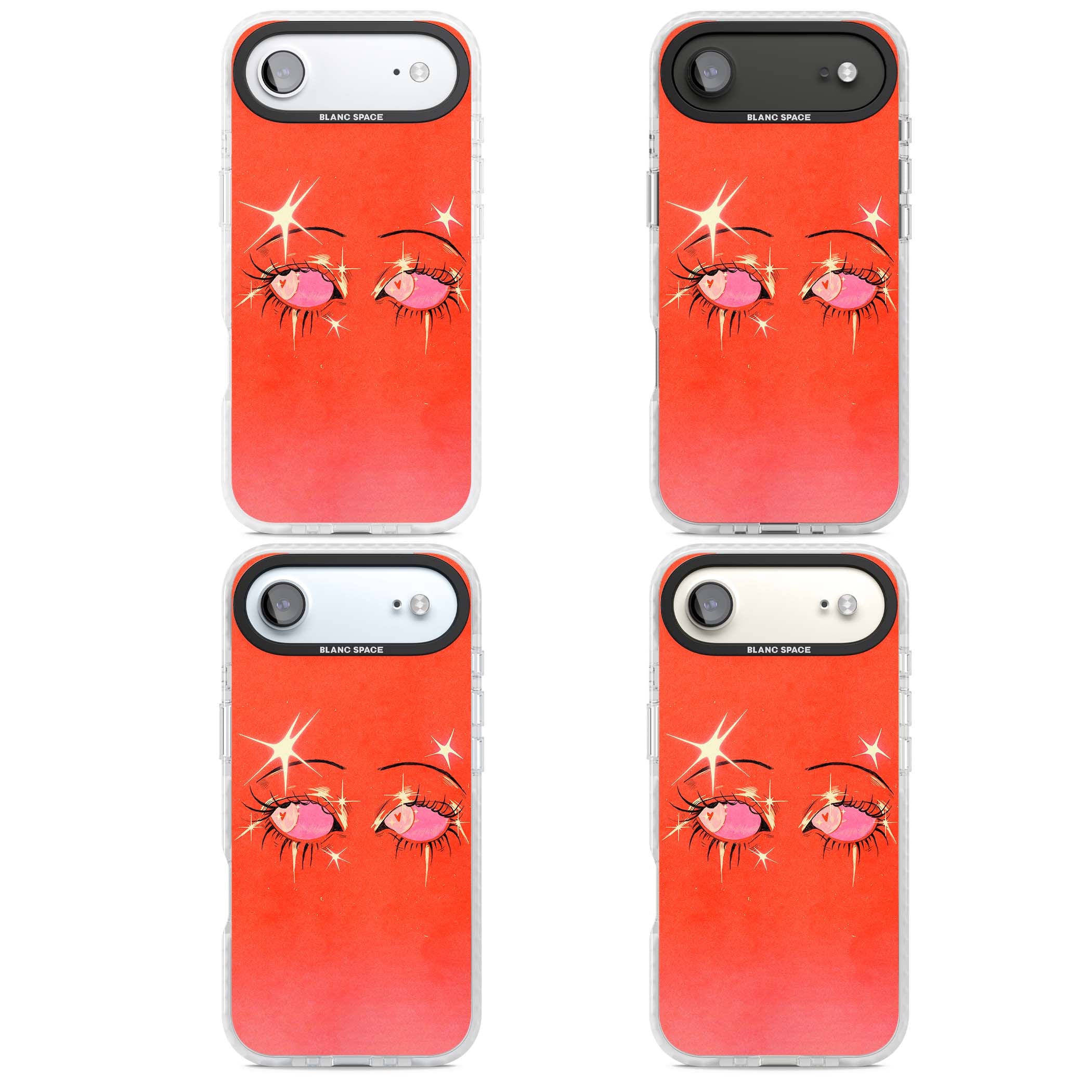 Pink Ethereal Eyes anime iPhone case featuring hand-drawn sparkly eyes with pink hearts and gold stars on red | Black Impact case for iPhone Air