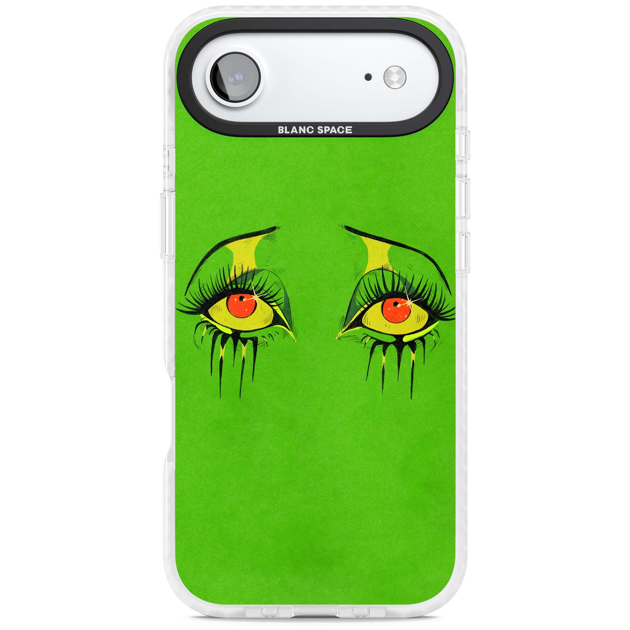 Green Enchanted Eyes psychedelic art iPhone case featuring hand-drawn dripping eyes on neon green background | Black Impact case for iPhone Air