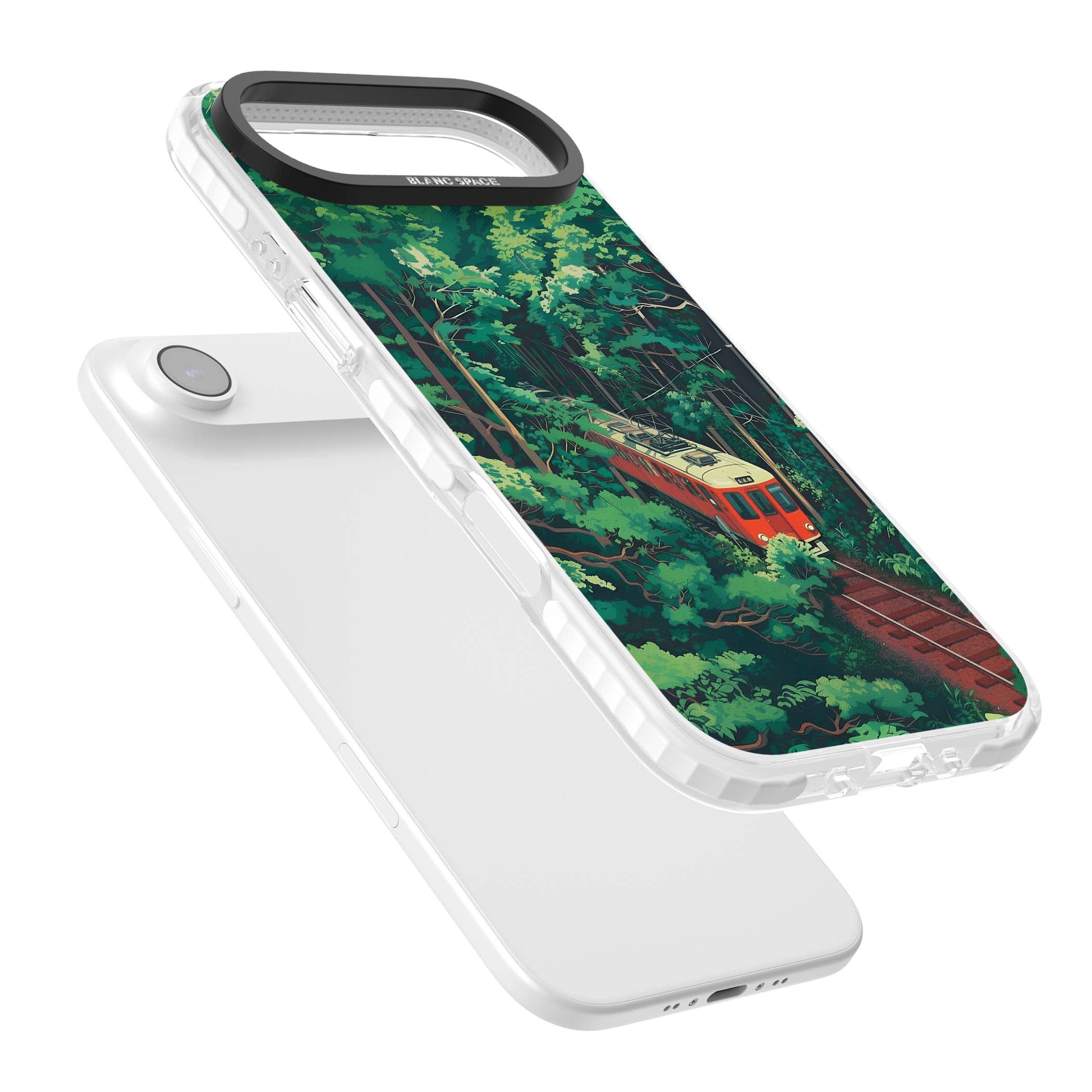 Railway In Toyama Japanese iPhone case featuring a red train, cedar forest and winding mountain railway tracks | Black Impact case for iPhone Air
