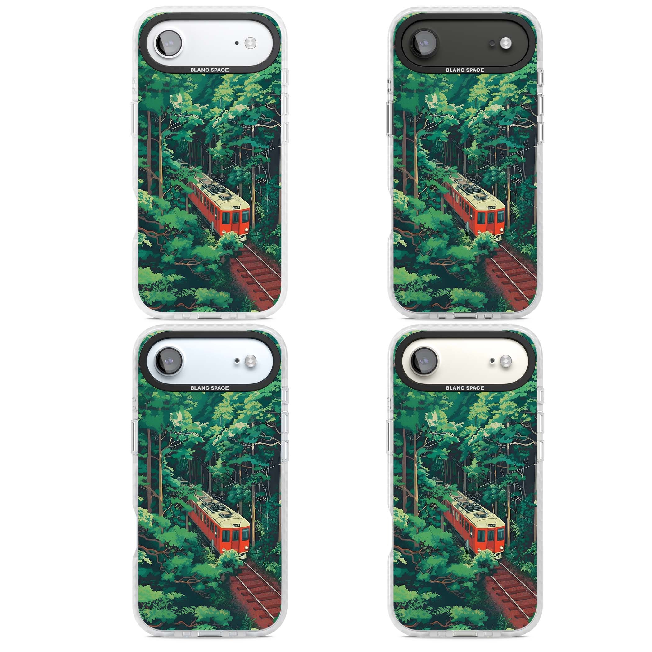 Railway In Toyama Japanese iPhone case featuring a red train, cedar forest and winding mountain railway tracks | Black Impact case for iPhone Air