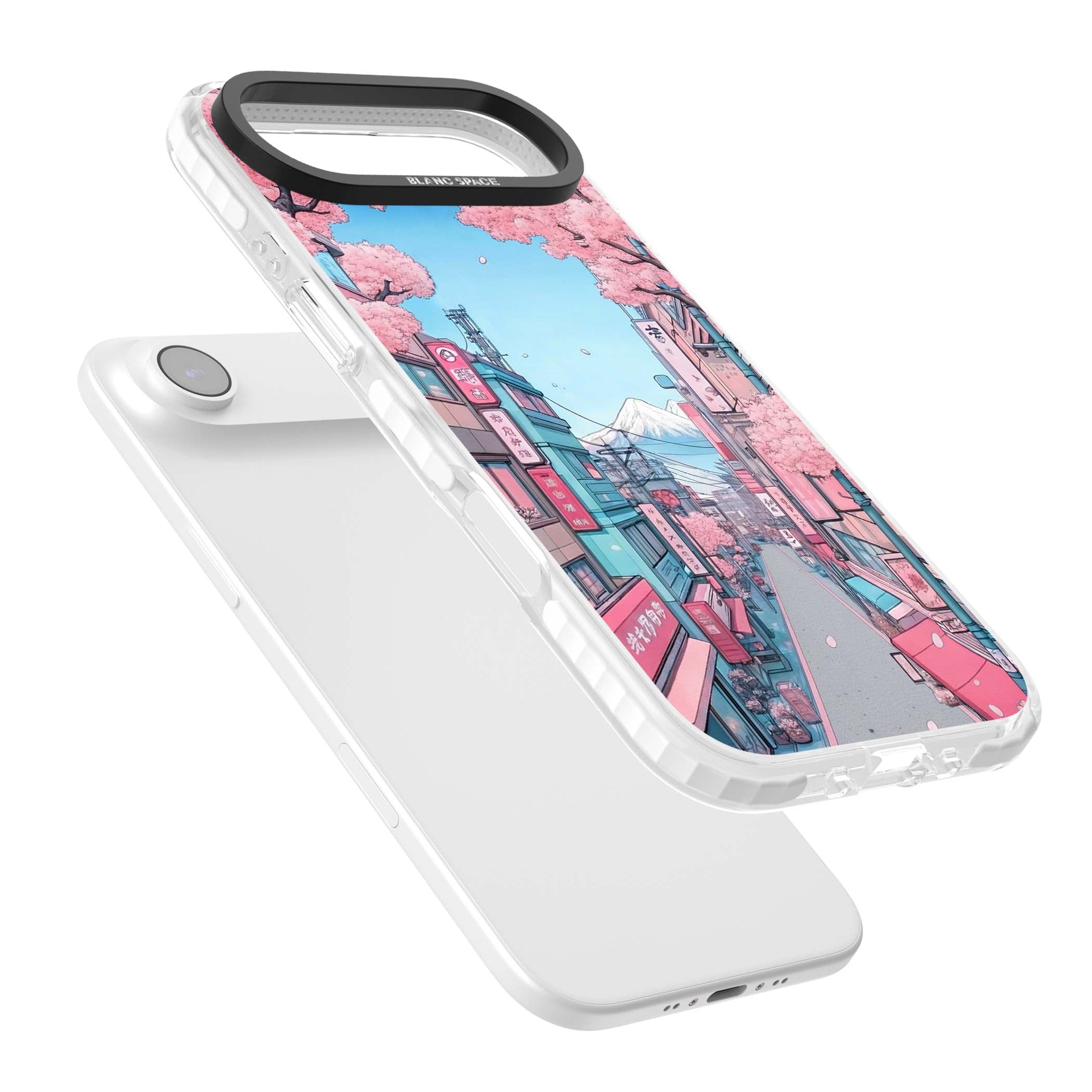 Sakura Lane anime iPhone case featuring Tokyo street scene with cherry blossoms and Mount Fuji | Black Impact case for iPhone Air