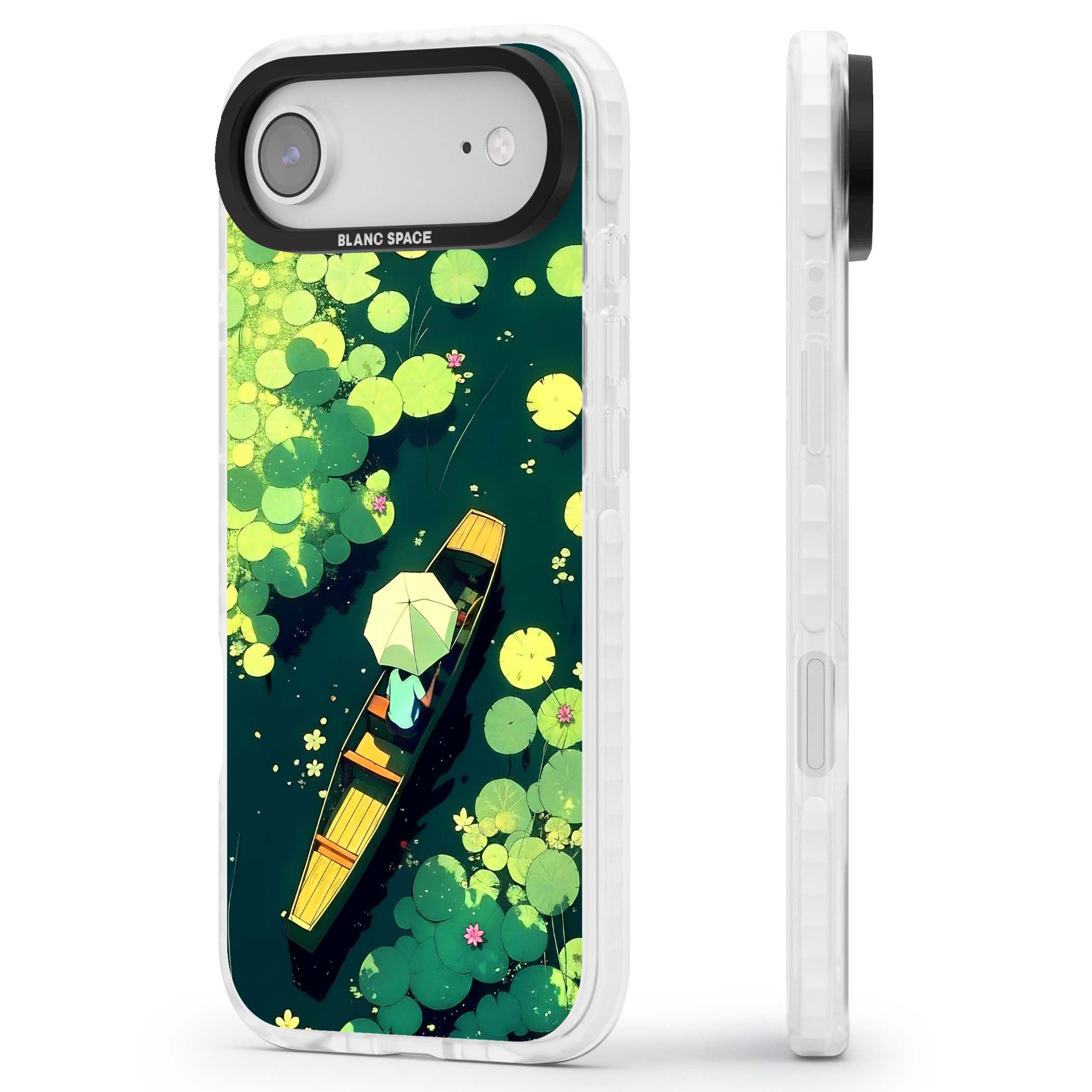 Jade Waters cottagecore iPhone case featuring a painted lily pond, wooden boat with parasol and floating water lilies | Black Impact case for iPhone Air