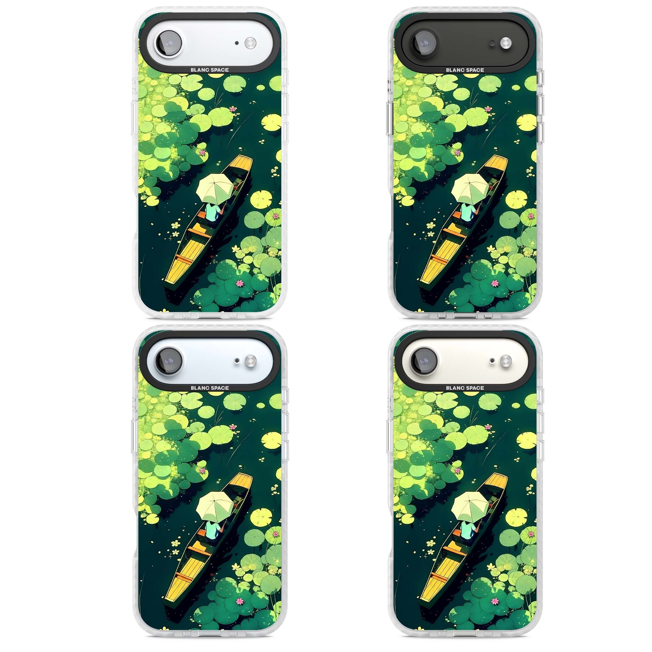 Jade Waters cottagecore iPhone case featuring a painted lily pond, wooden boat with parasol and floating water lilies | Black Impact case for iPhone Air
