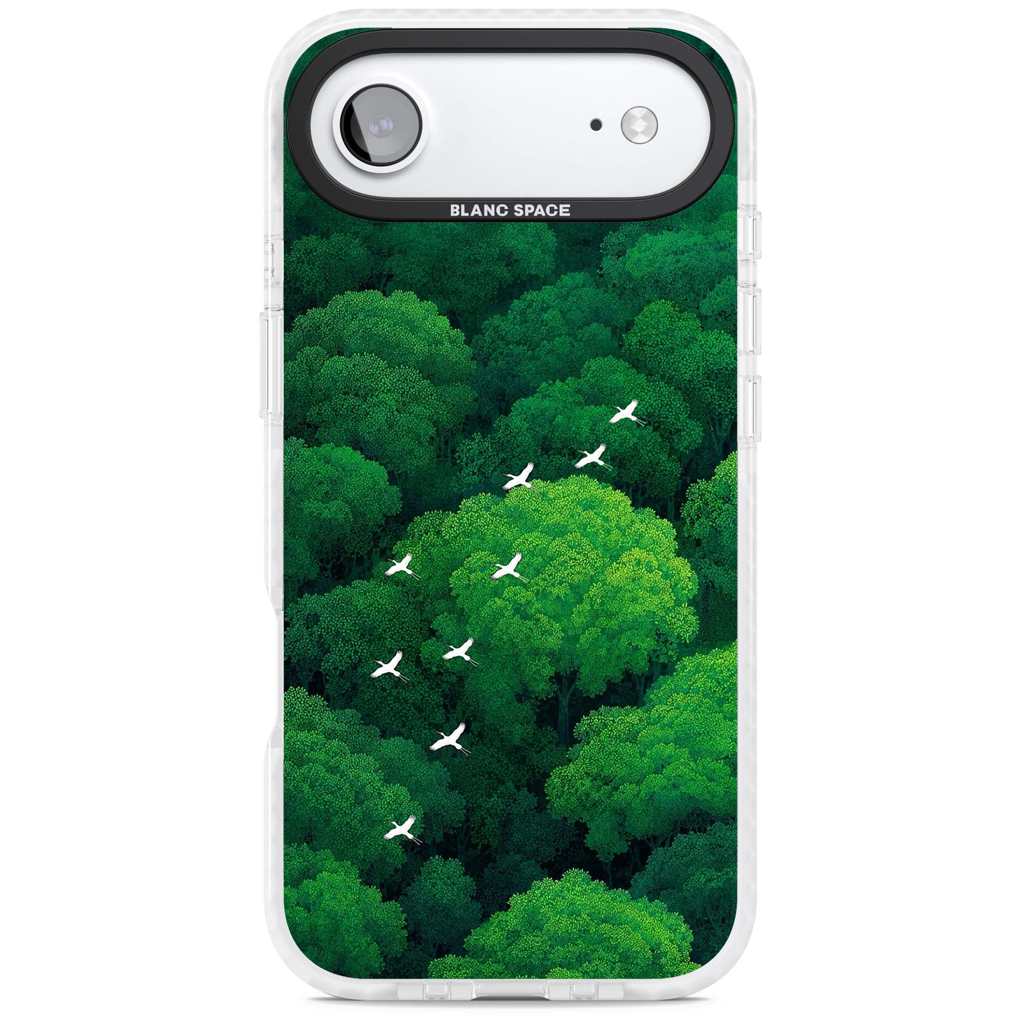 Grove Migration forest iPhone case featuring white cranes flying over lush green treetop canopy | Black Impact case for iPhone Air