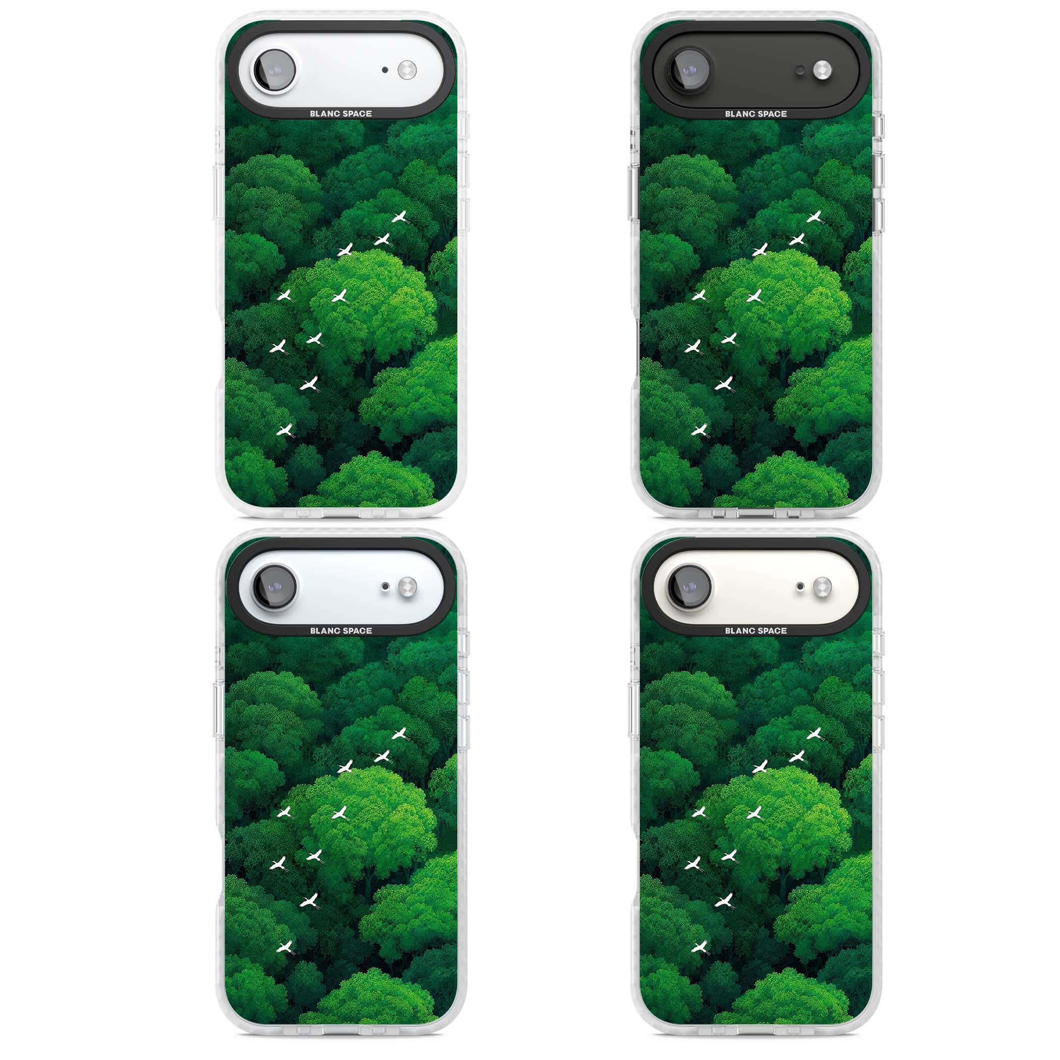 Grove Migration forest iPhone case featuring white cranes flying over lush green treetop canopy | Black Impact case for iPhone Air