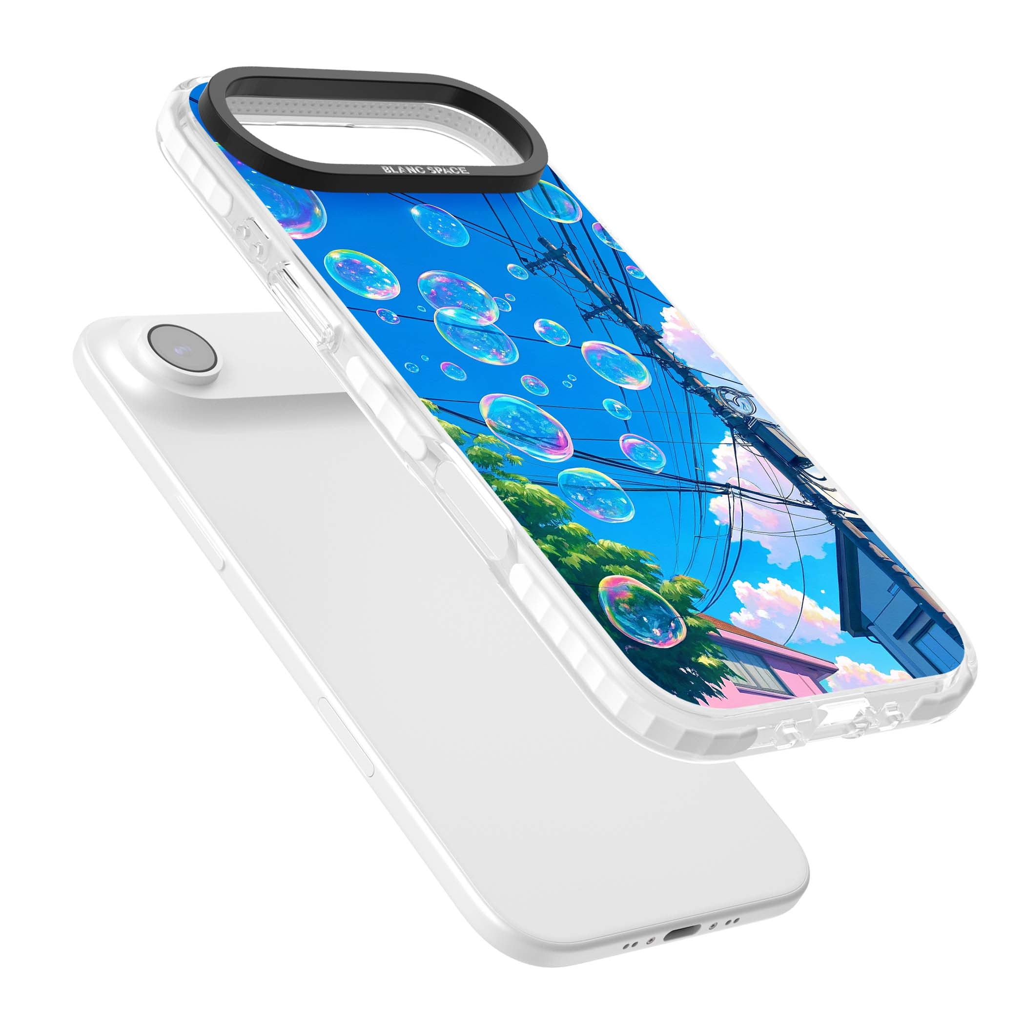 Suburban Bubbles anime iPhone case featuring iridescent soap bubbles, blue sky and Japanese telephone wires | Black Impact case for iPhone Air