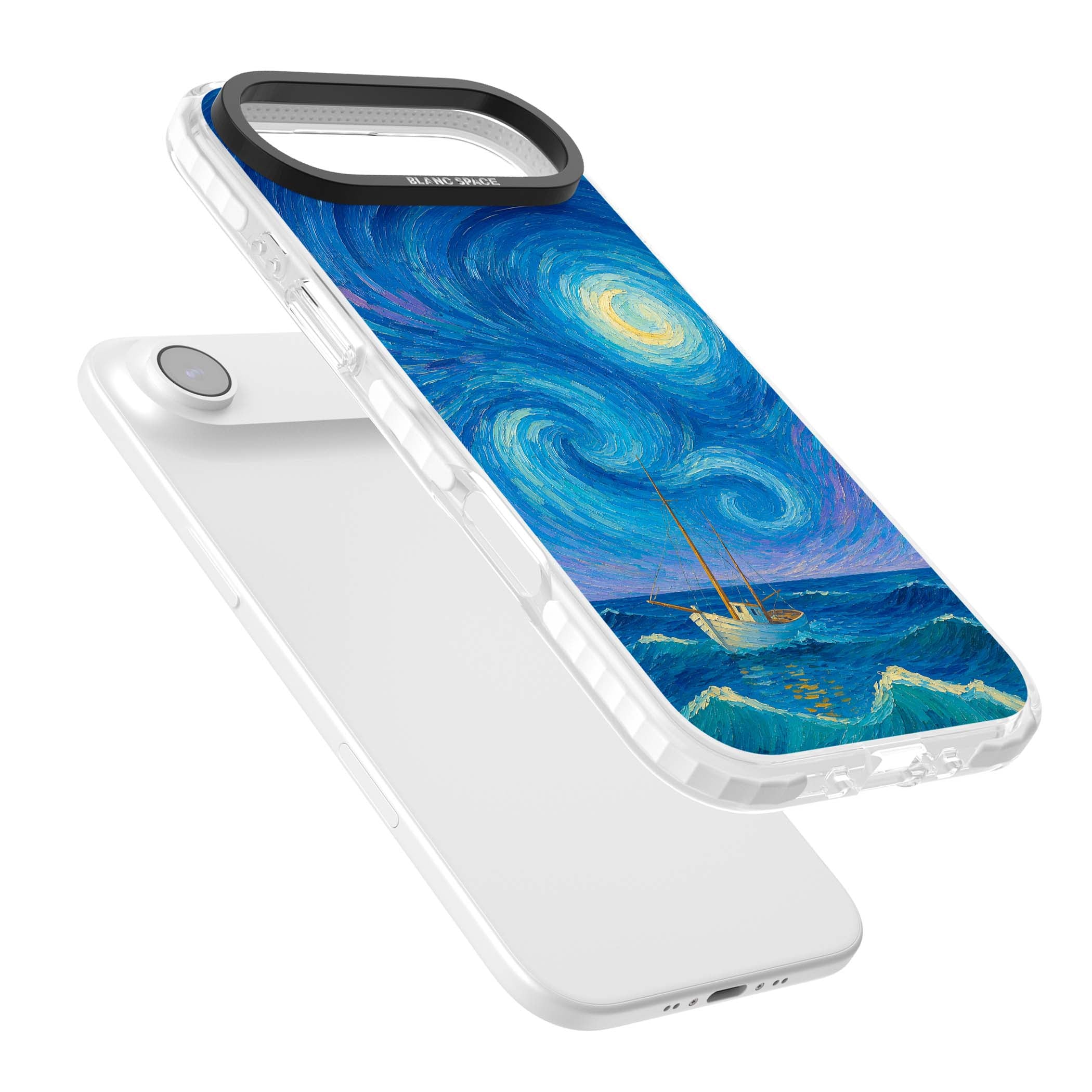 Moonlit Tide Van Gogh art iPhone case featuring swirling starry night sky, glowing moon and lone sailing boat at sea | Black Impact case for iPhone Air
