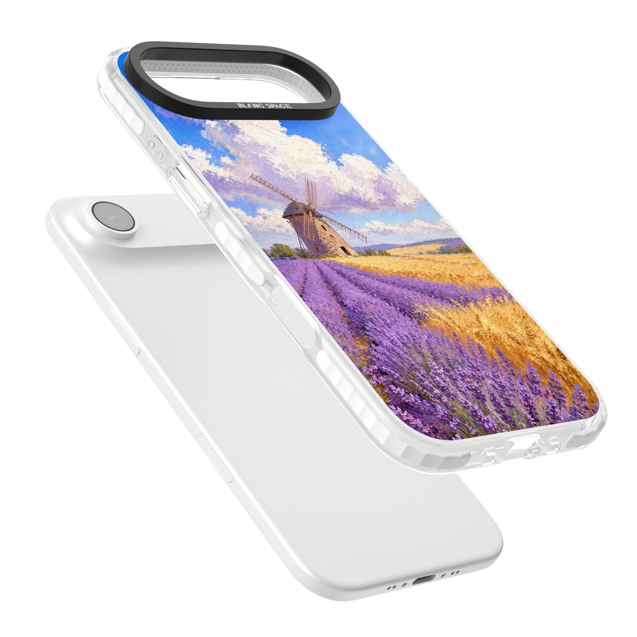 Lavender Mill cottagecore iPhone case featuring a French windmill, lavender field and golden wheat oil painting | Black Impact case for iPhone Air