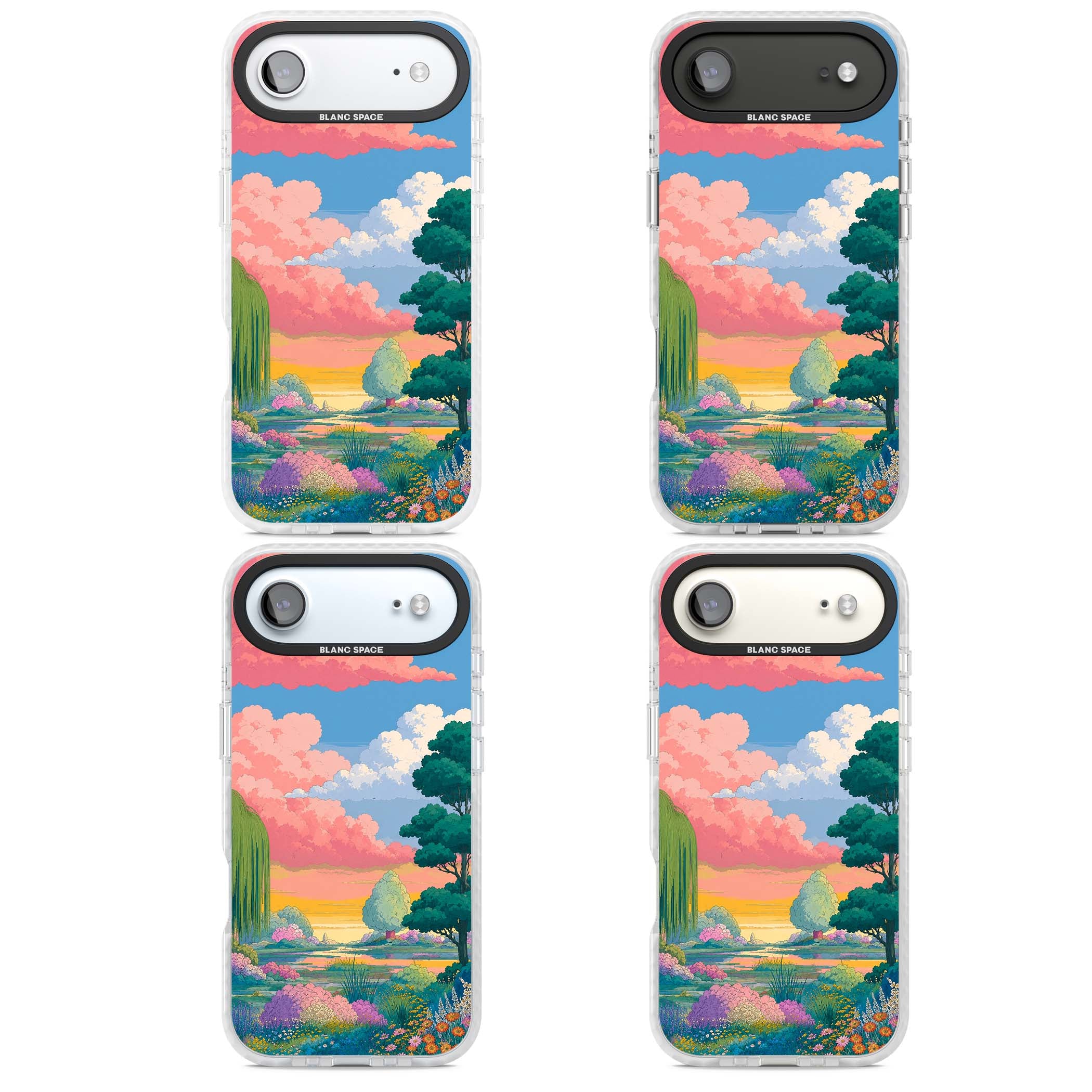 Dream Valley anime landscape iPhone case featuring pink sunset clouds, willow trees and wildflowers | Black Impact case for iPhone Air