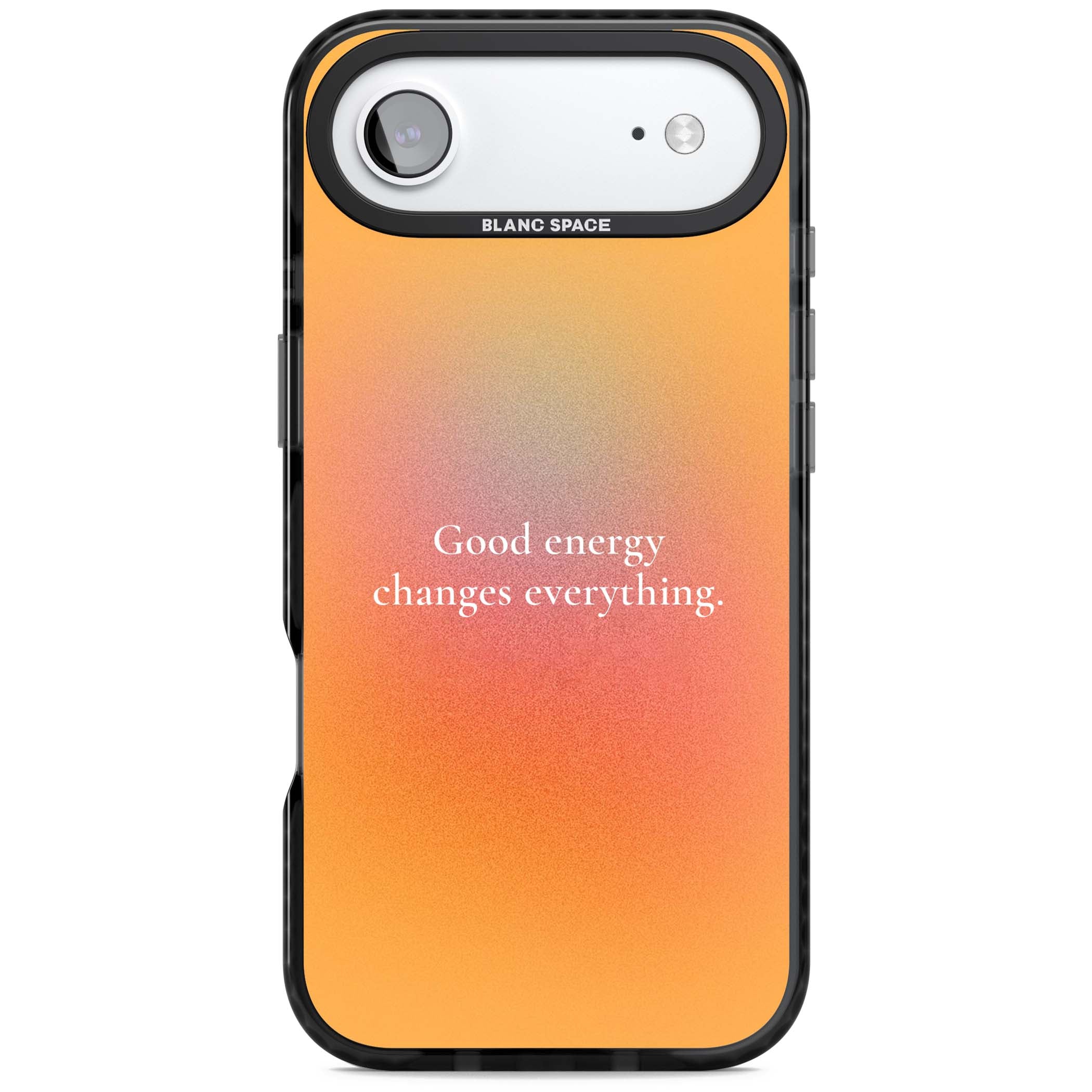 Good Energy quote iPhone case featuring an orange and pink aura gradient with white serif affirmation text | Clear Impact case for iPhone Air