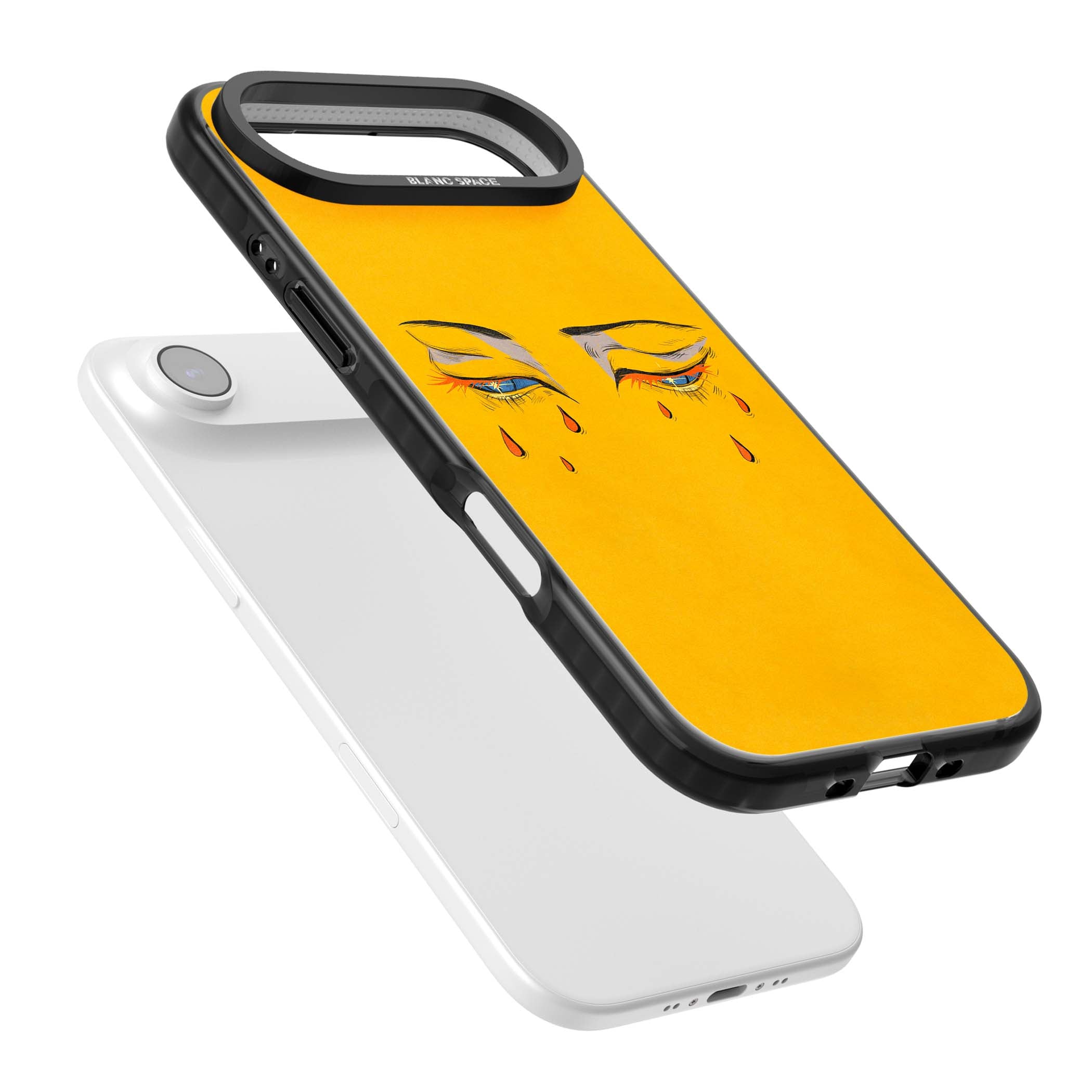 Yellow Tearful Eyes indie iPhone case featuring hand-drawn crying eyes with orange tears on a yellow background | Clear Impact case for iPhone Air