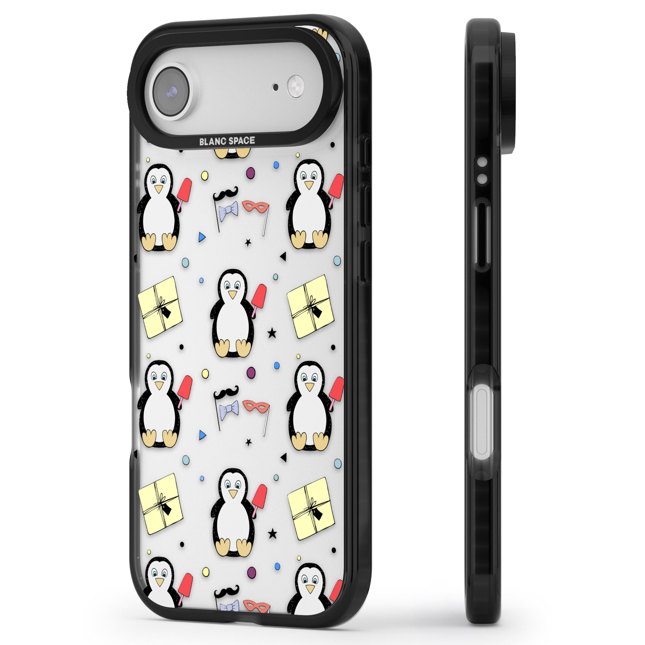 Cute Penguin Pattern Clear iPhone 17 Air Impact Black Phone Case Side Profile