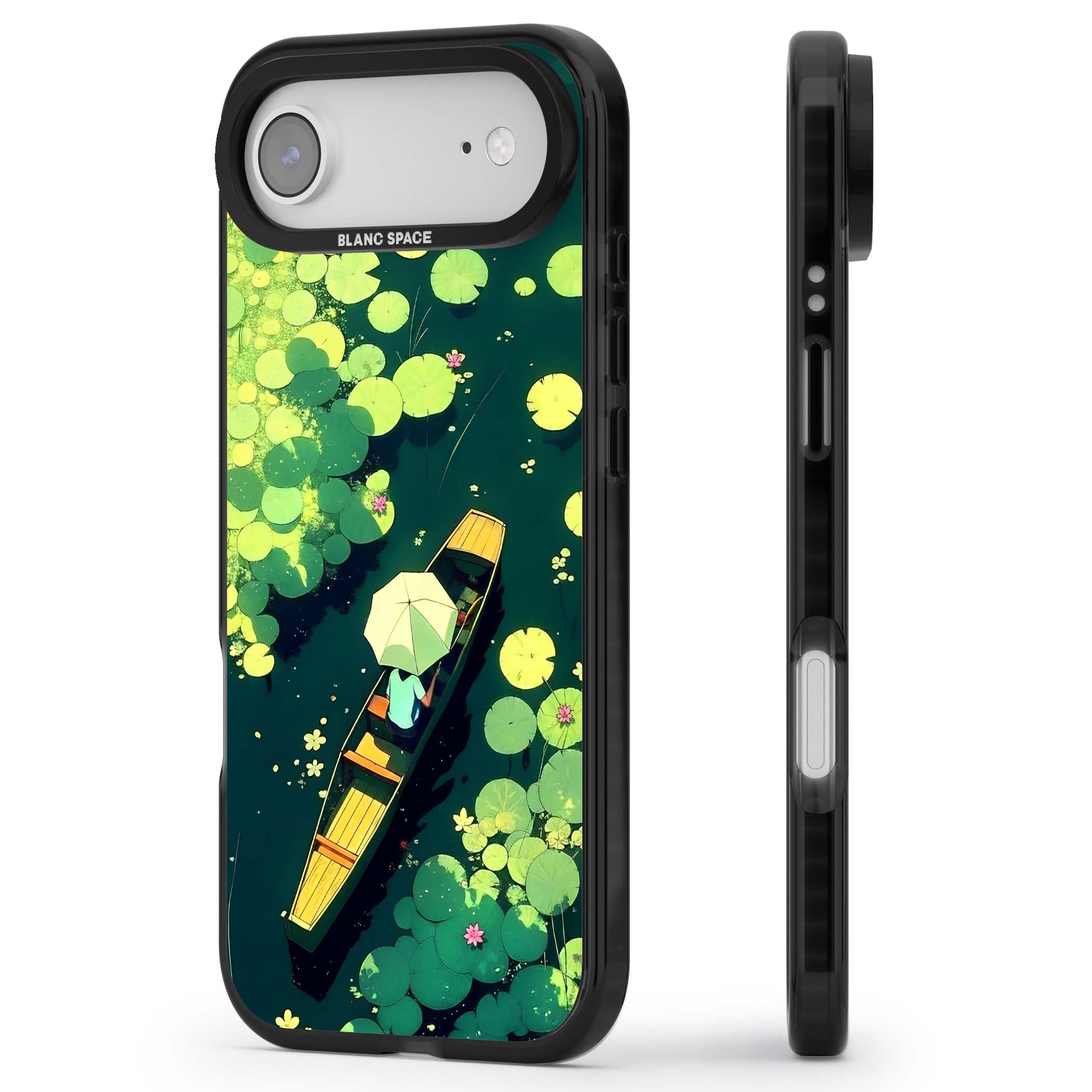 Jade Waters cottagecore iPhone case featuring a painted lily pond, wooden boat with parasol and floating water lilies | Clear Impact case for iPhone Air