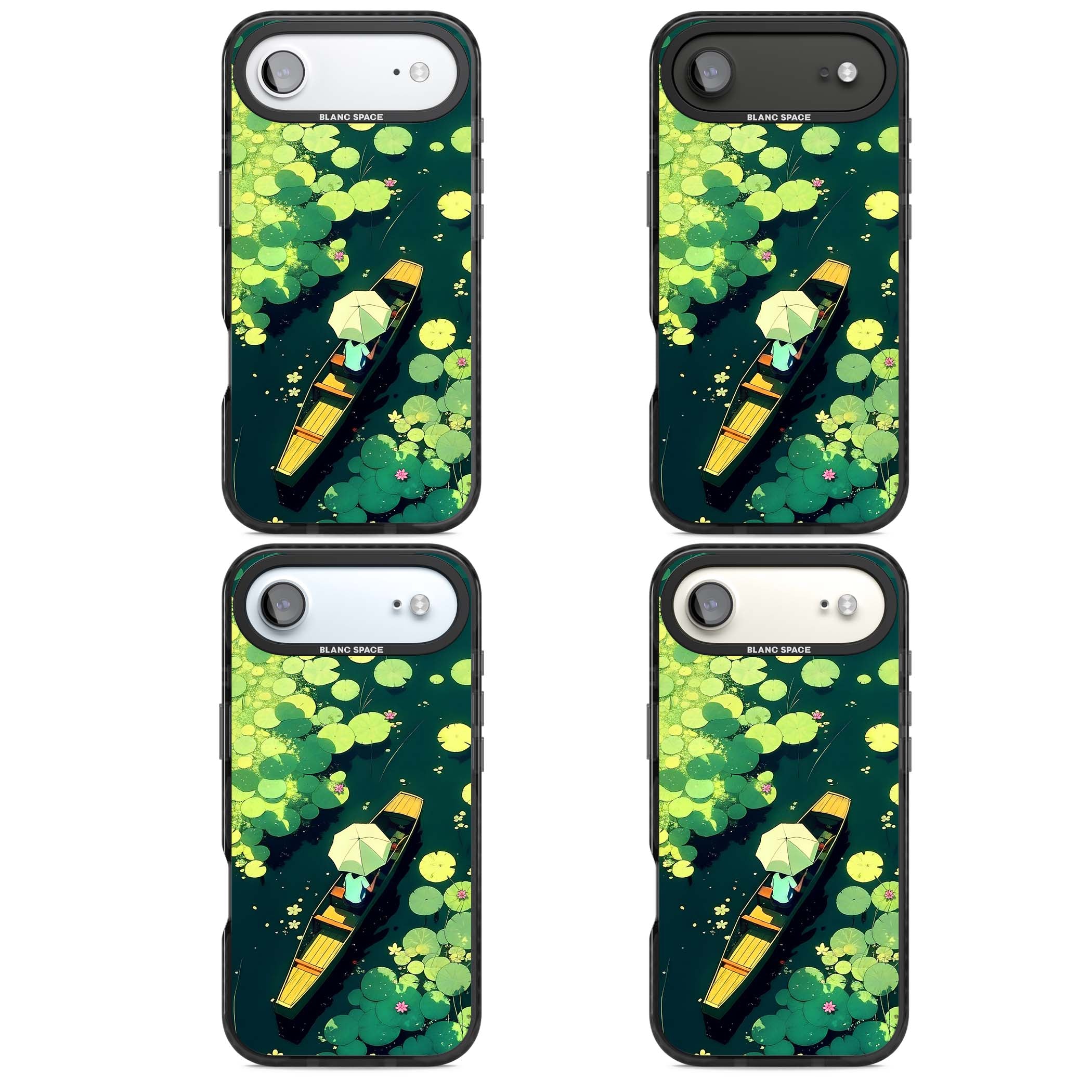Jade Waters cottagecore iPhone case featuring a painted lily pond, wooden boat with parasol and floating water lilies | Clear Impact case for iPhone Air