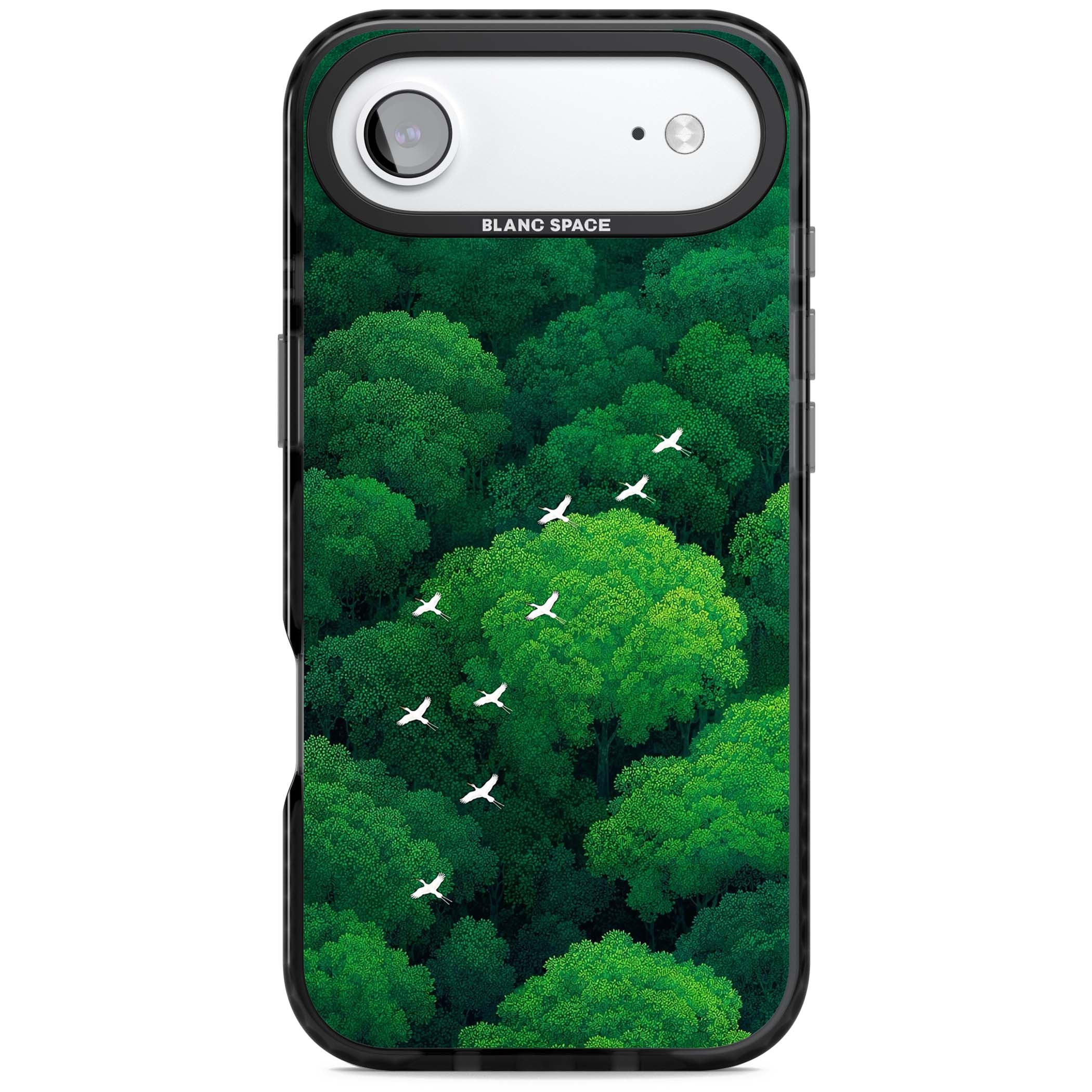 Grove Migration forest iPhone case featuring white cranes flying over lush green treetop canopy | Clear Impact case for iPhone Air