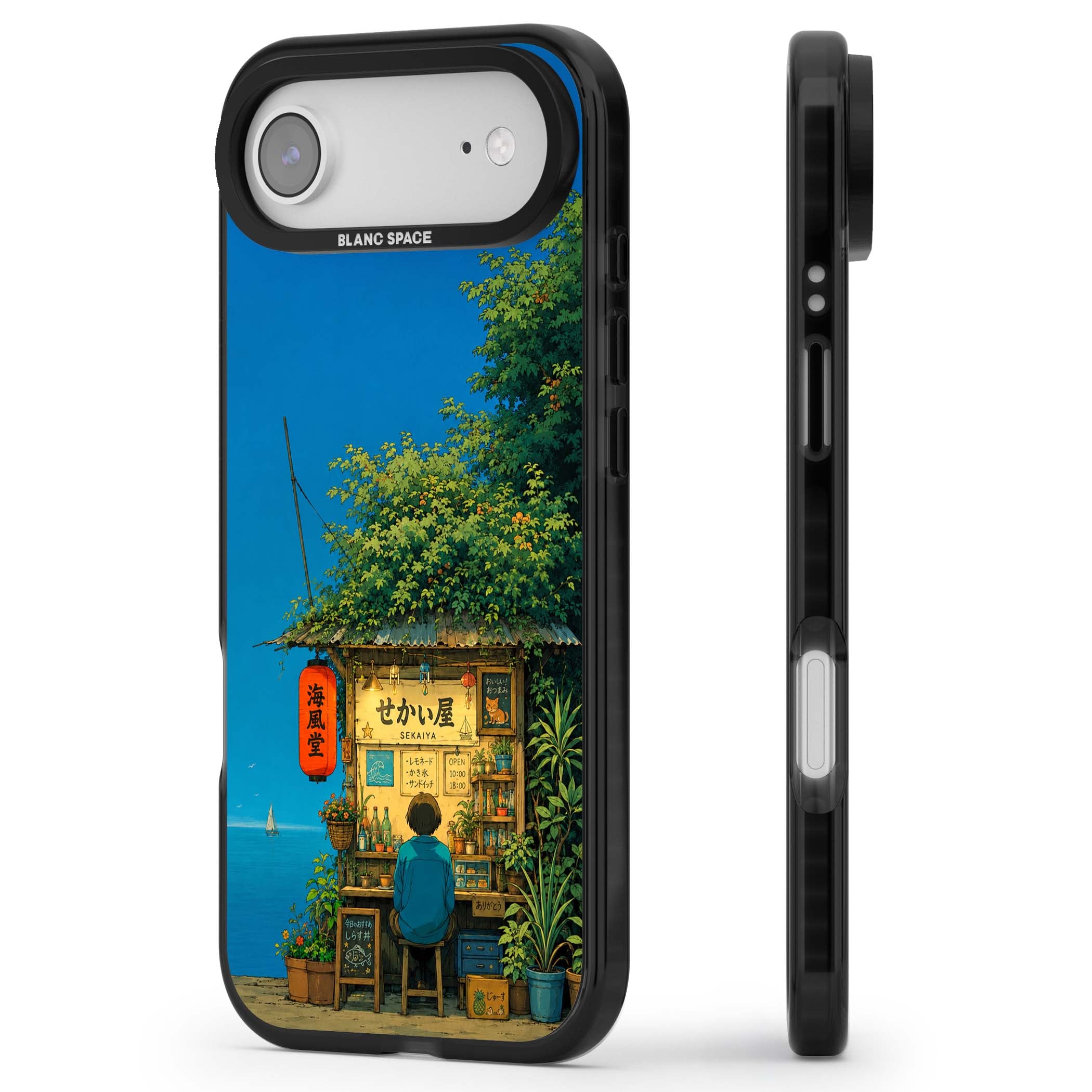 The Shirahama Kiosk anime iPhone case featuring a Japanese seaside shop, red paper lantern and ocean view | Clear Impact case for iPhone Air
