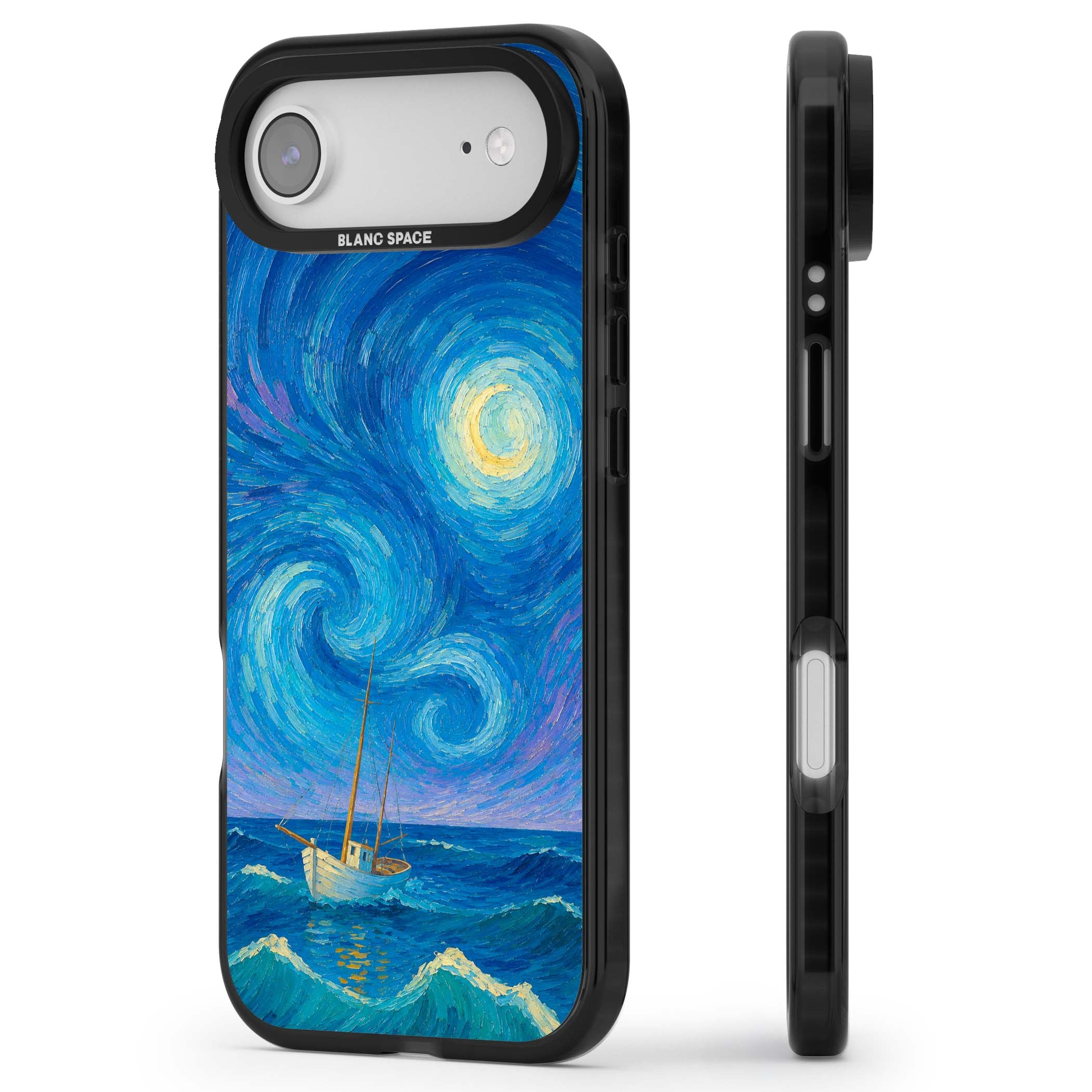 Moonlit Tide Van Gogh art iPhone case featuring swirling starry night sky, glowing moon and lone sailing boat at sea | Clear Impact case for iPhone Air