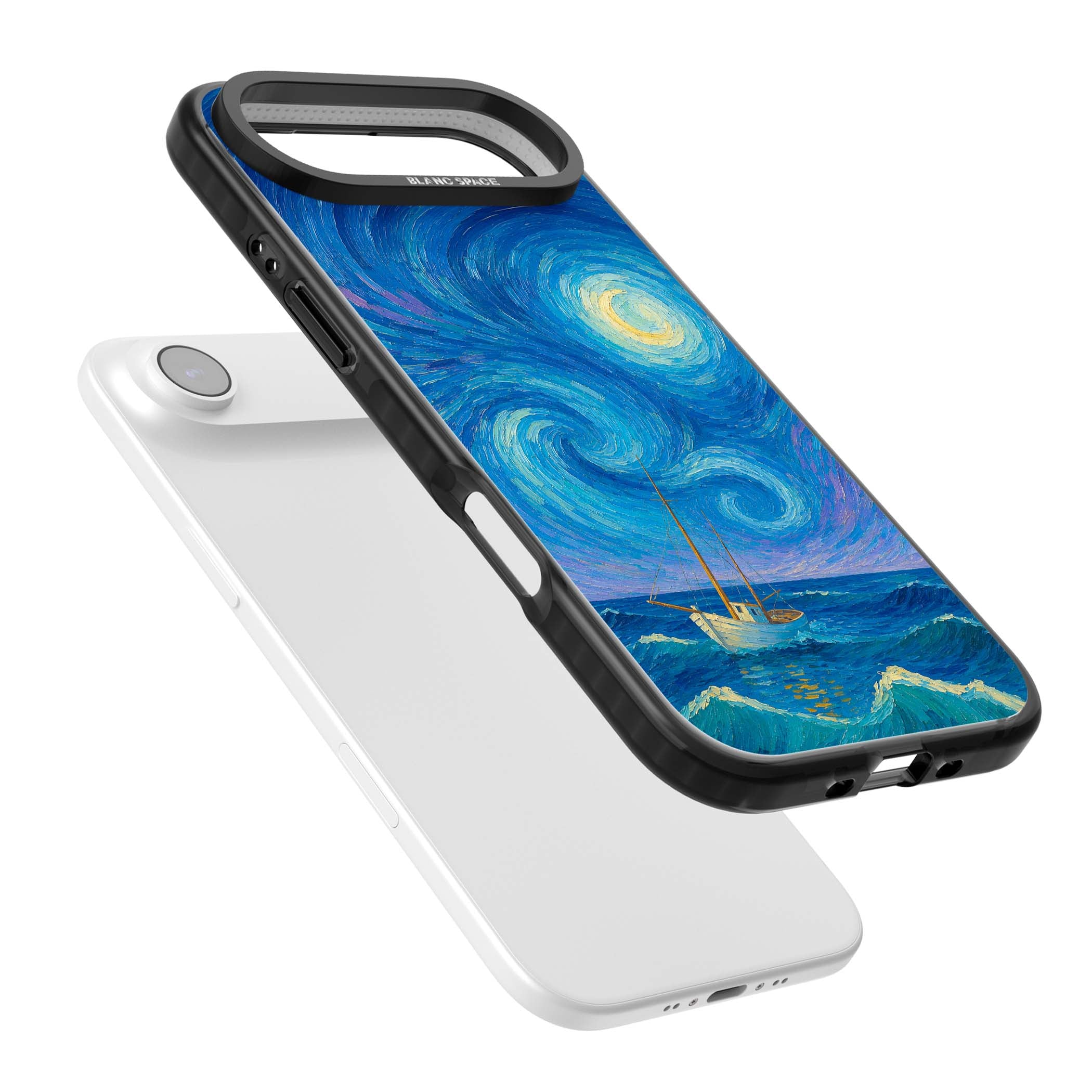 Moonlit Tide Van Gogh art iPhone case featuring swirling starry night sky, glowing moon and lone sailing boat at sea | Clear Impact case for iPhone Air
