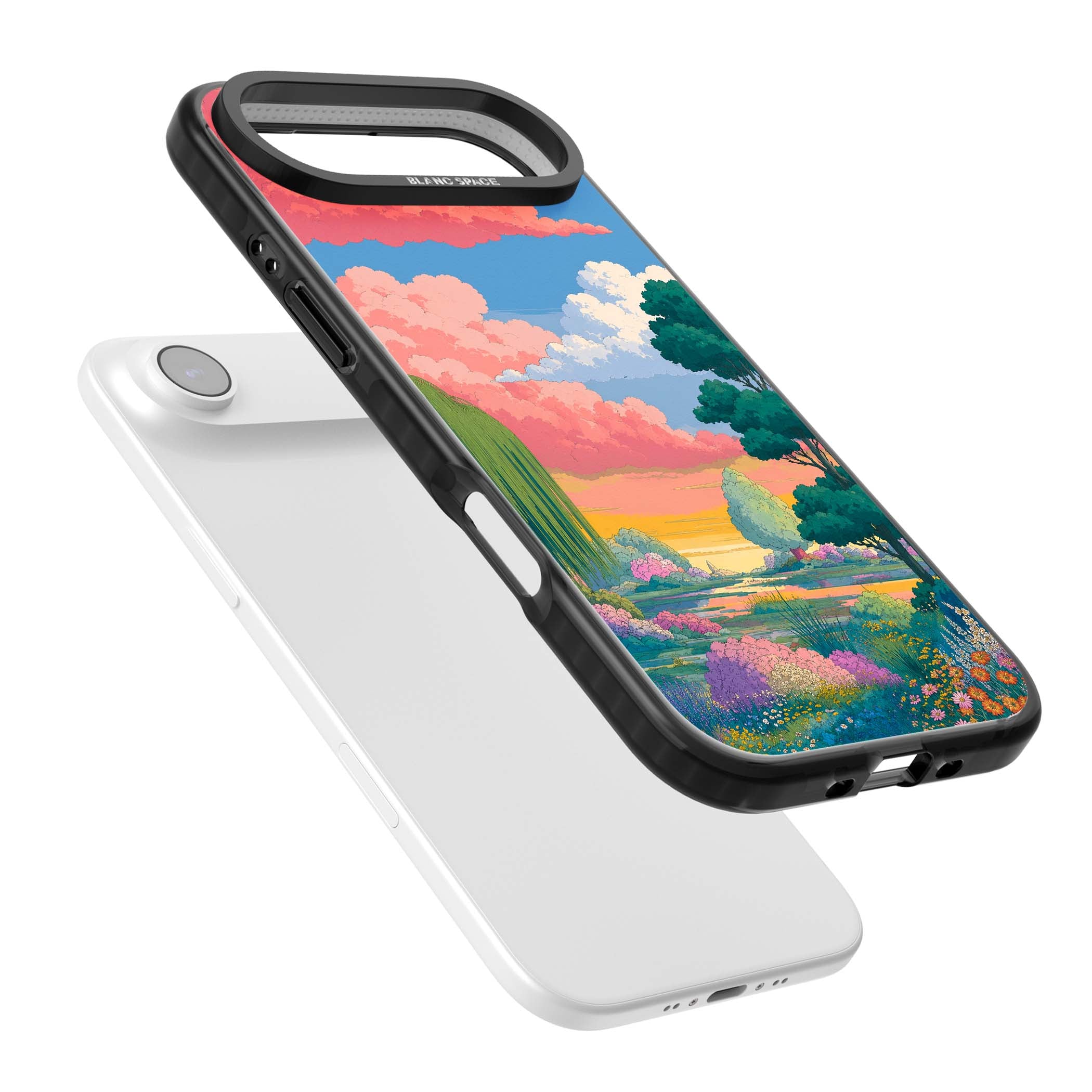 Dream Valley anime landscape iPhone case featuring pink sunset clouds, willow trees and wildflowers | Clear Impact case for iPhone Air
