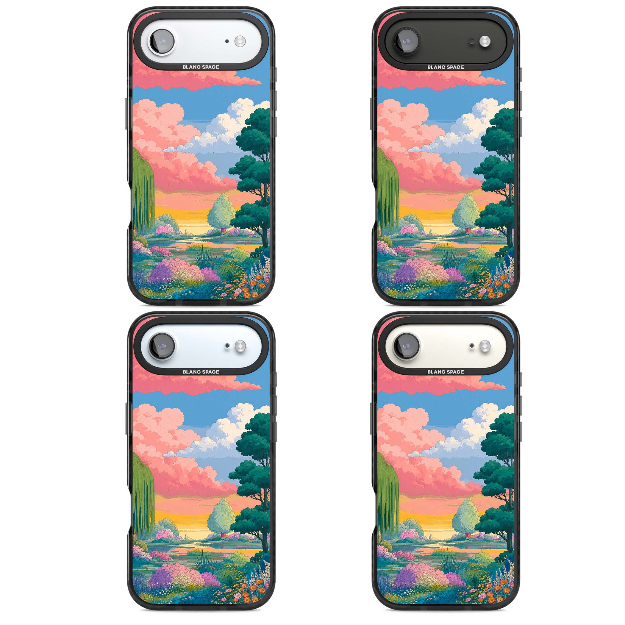 Dream Valley anime landscape iPhone case featuring pink sunset clouds, willow trees and wildflowers | Clear Impact case for iPhone Air