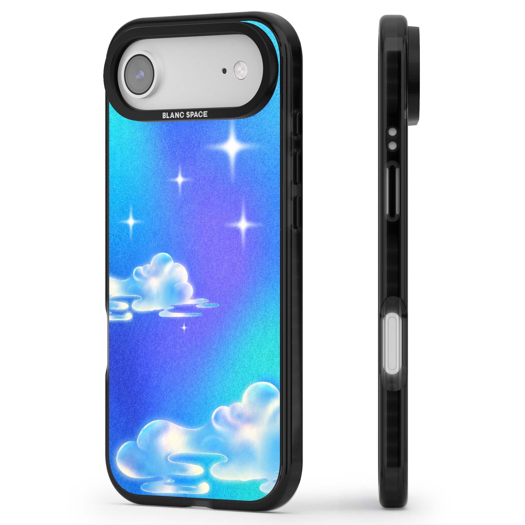Aurora celestial iPhone case featuring dreamy iridescent clouds, sparkling stars and pastel blue purple sky | Clear Impact case for iPhone Air