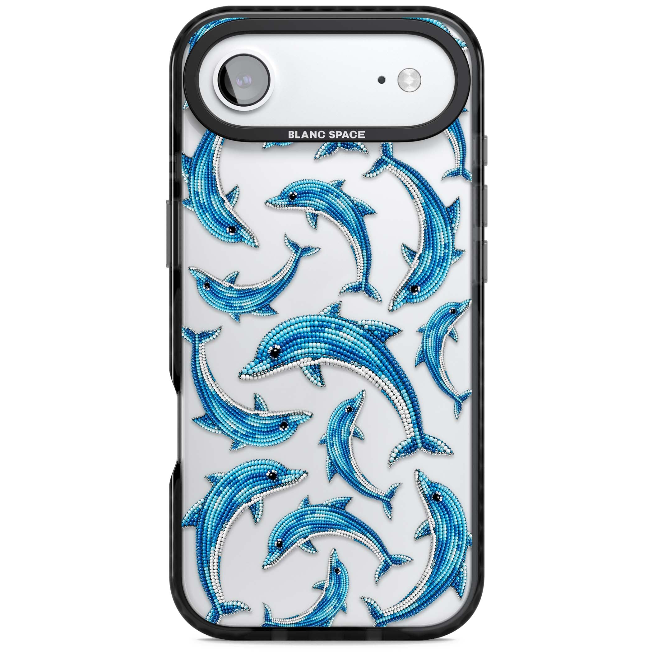 Beaded Dolphins coastal iPhone case featuring beaded dolphins in blue and white swimming across a clear background | Clear Impact case for iPhone Air
