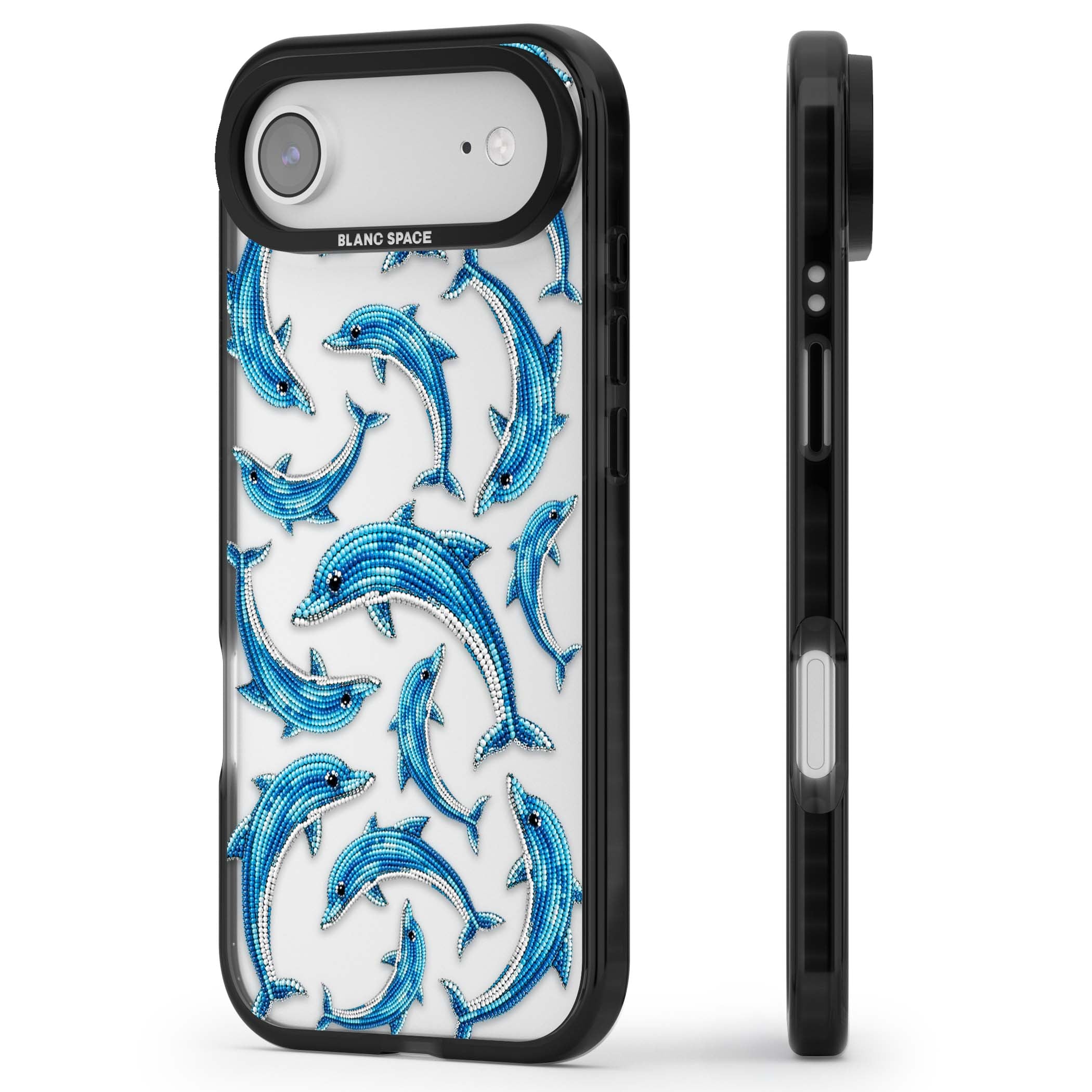 Beaded Dolphins coastal iPhone case featuring beaded dolphins in blue and white swimming across a clear background | Clear Impact case for iPhone Air